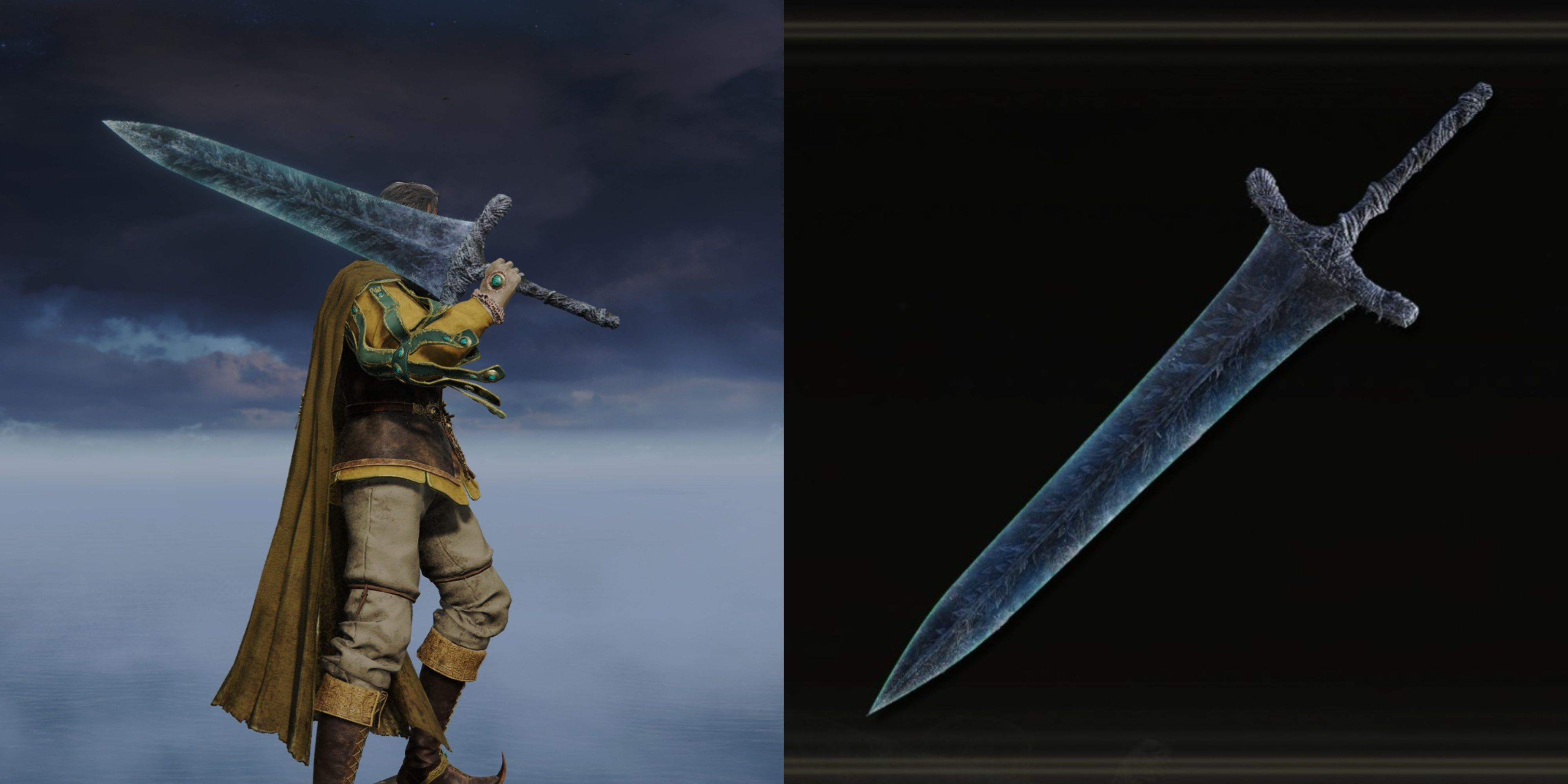 A split image of the Tarnished holding the Dark Moon Greatsword in Elden Ring.