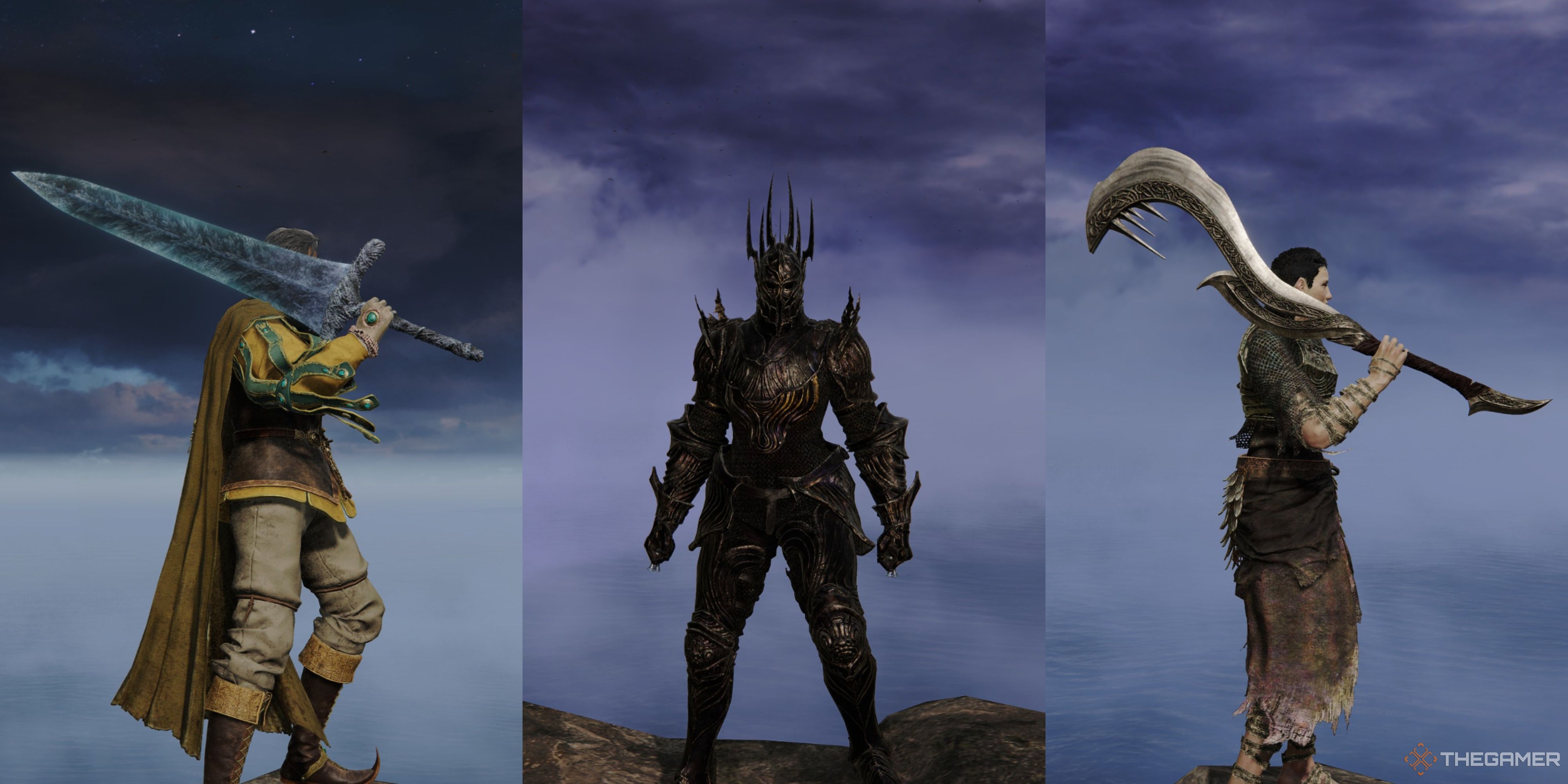 A collage including the Dark Moon Greatsword, the Chilling Perfume Bottle, and the Zamor Curved Sword in Elden Ring.