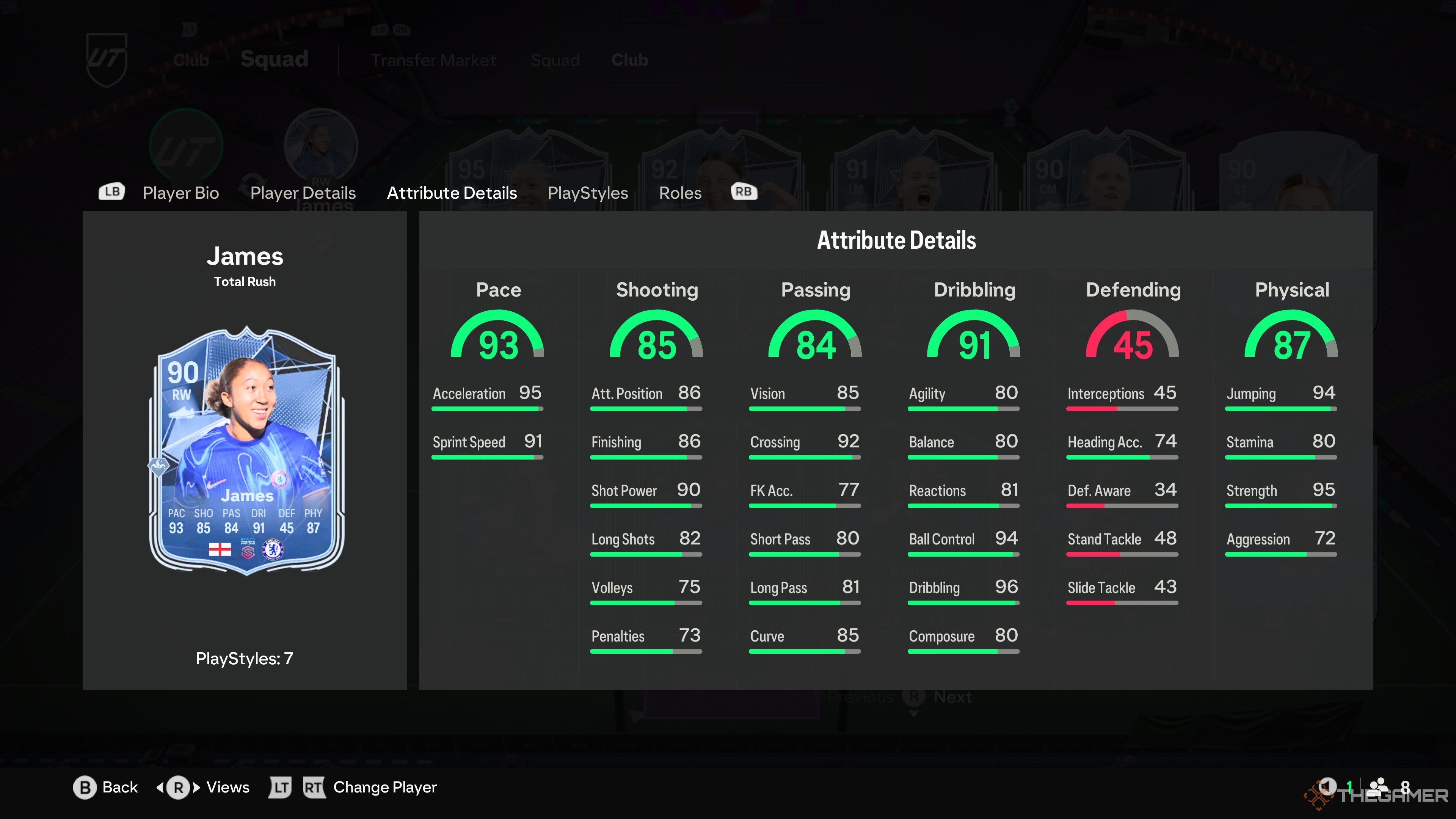 Lauren James' card attributes in EA Sports FC 25.