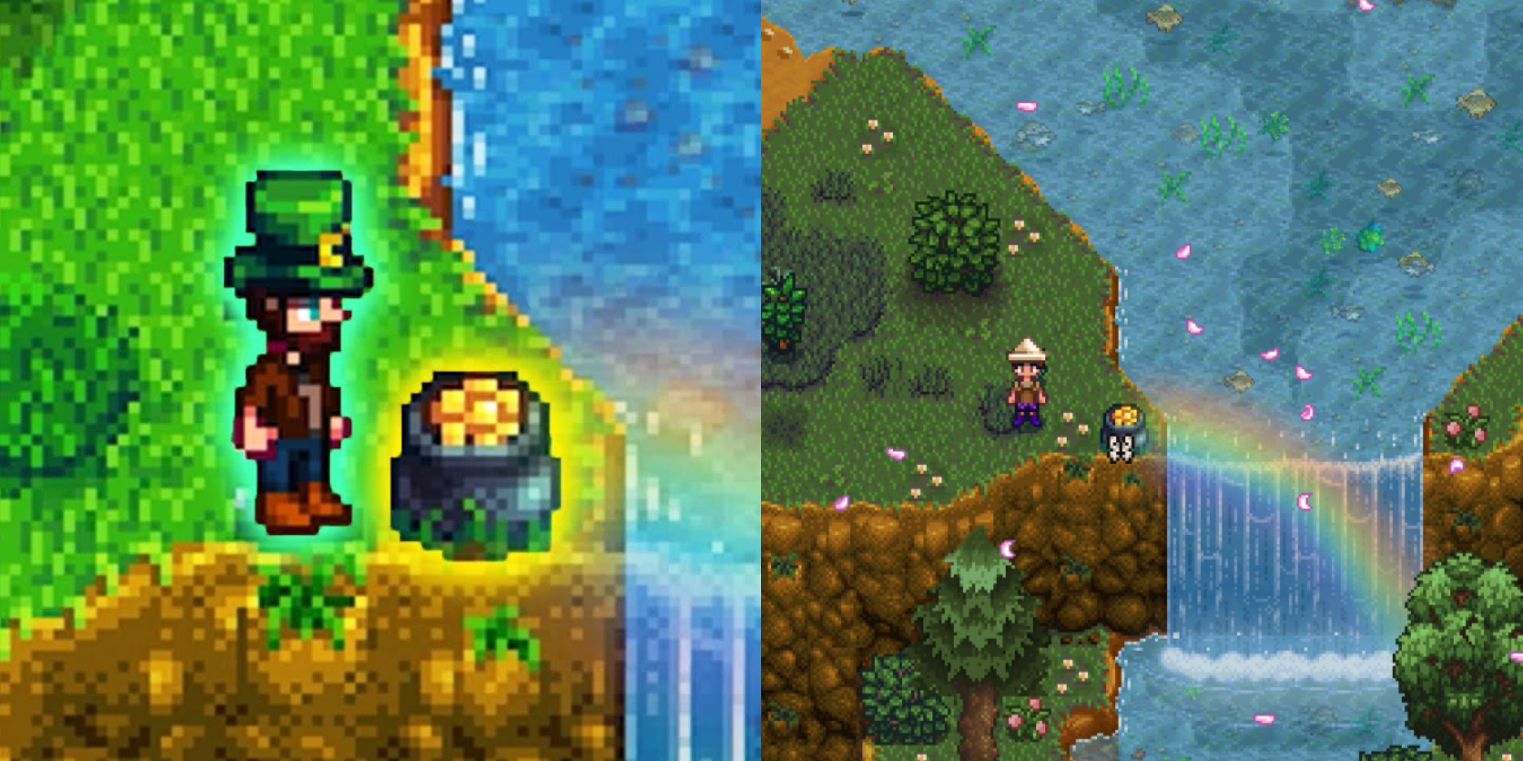 Side by Side shots of Stardew Valley's Pot Of Gold St. Patrick's Day Event.