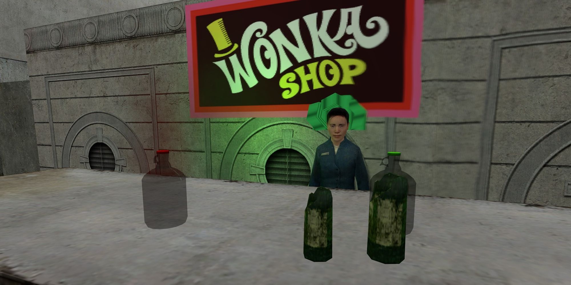 Willy Wonka Experience Map Showing A Table And Worker in Garry's Mod.