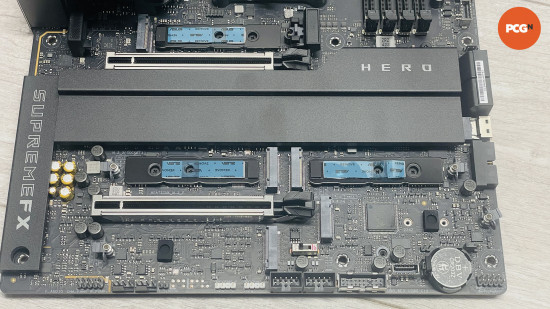 Asus ROG Crosshair X870E Hero review: M.2 SSD slots with thermal pads.