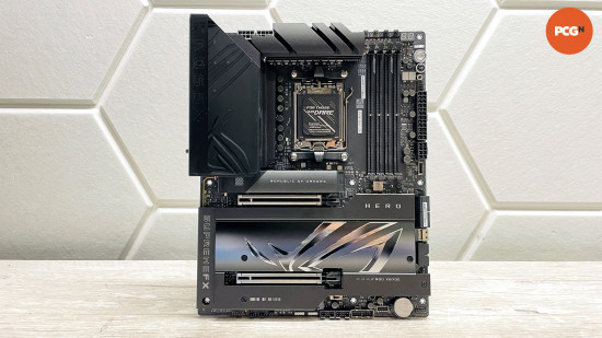 Asus ROG Crosshair X870E Hero review: flat gaming motherboard showing whole layout.