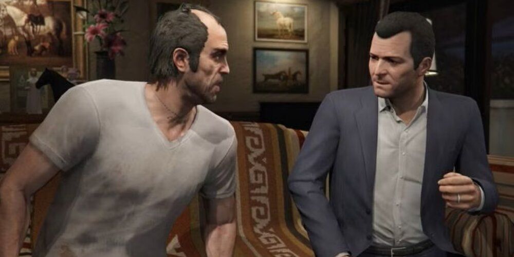 Michael and Trevor talking on a couch in Grand Theft Auto 5