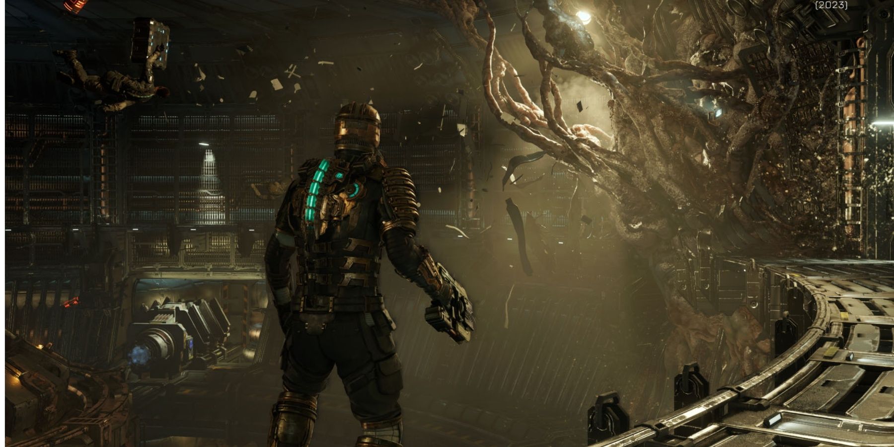 A man in an armoured suit stands in front of a building collapsing with tentacles growing in Dead Space