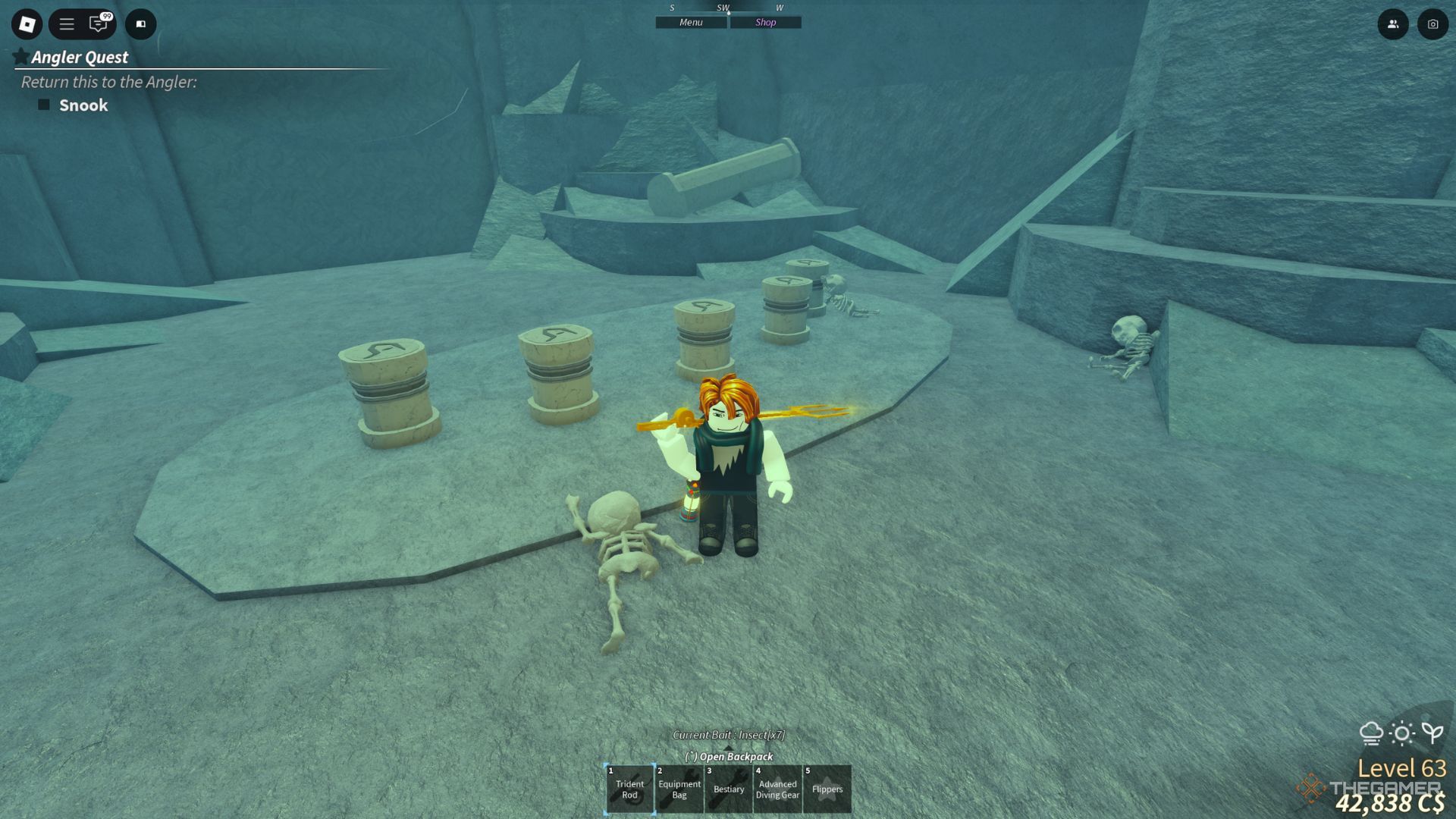 The player character holding Trident Rod with his hand next to the five pedestals in Desolate Deep in Fisch.