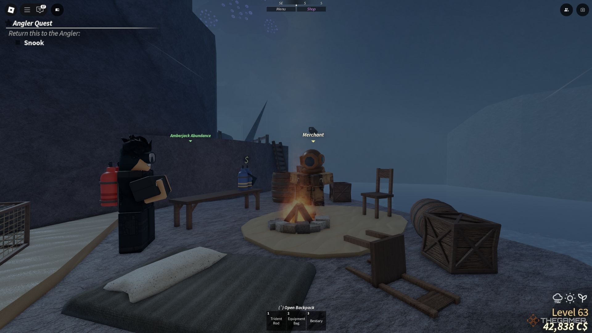 Merchant is sitting next to the campfire with other NPC in the Desolate Deep in Fisch.