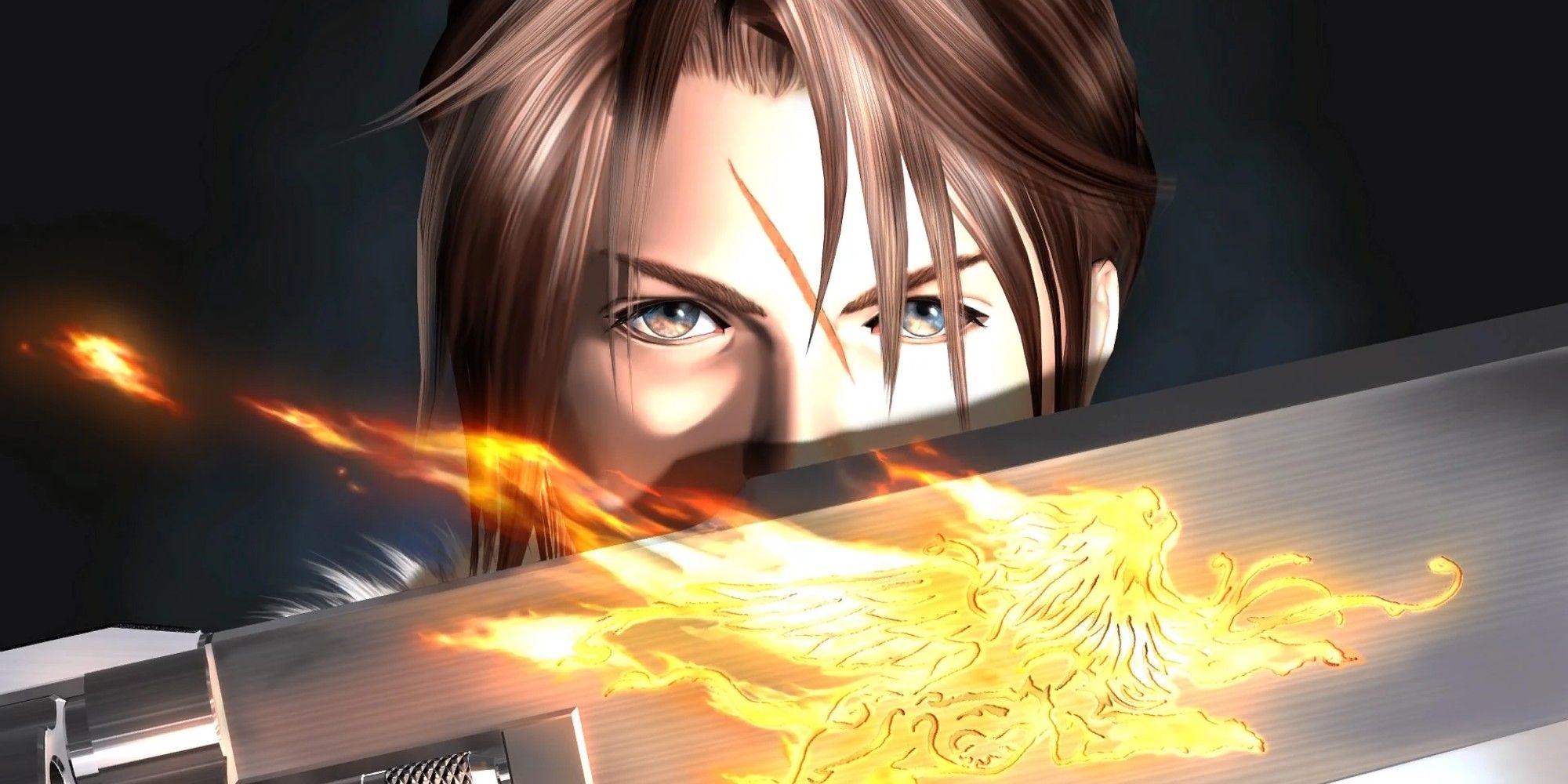 Squall poses with his sword covering his face. The emblem on his sword lights on fire