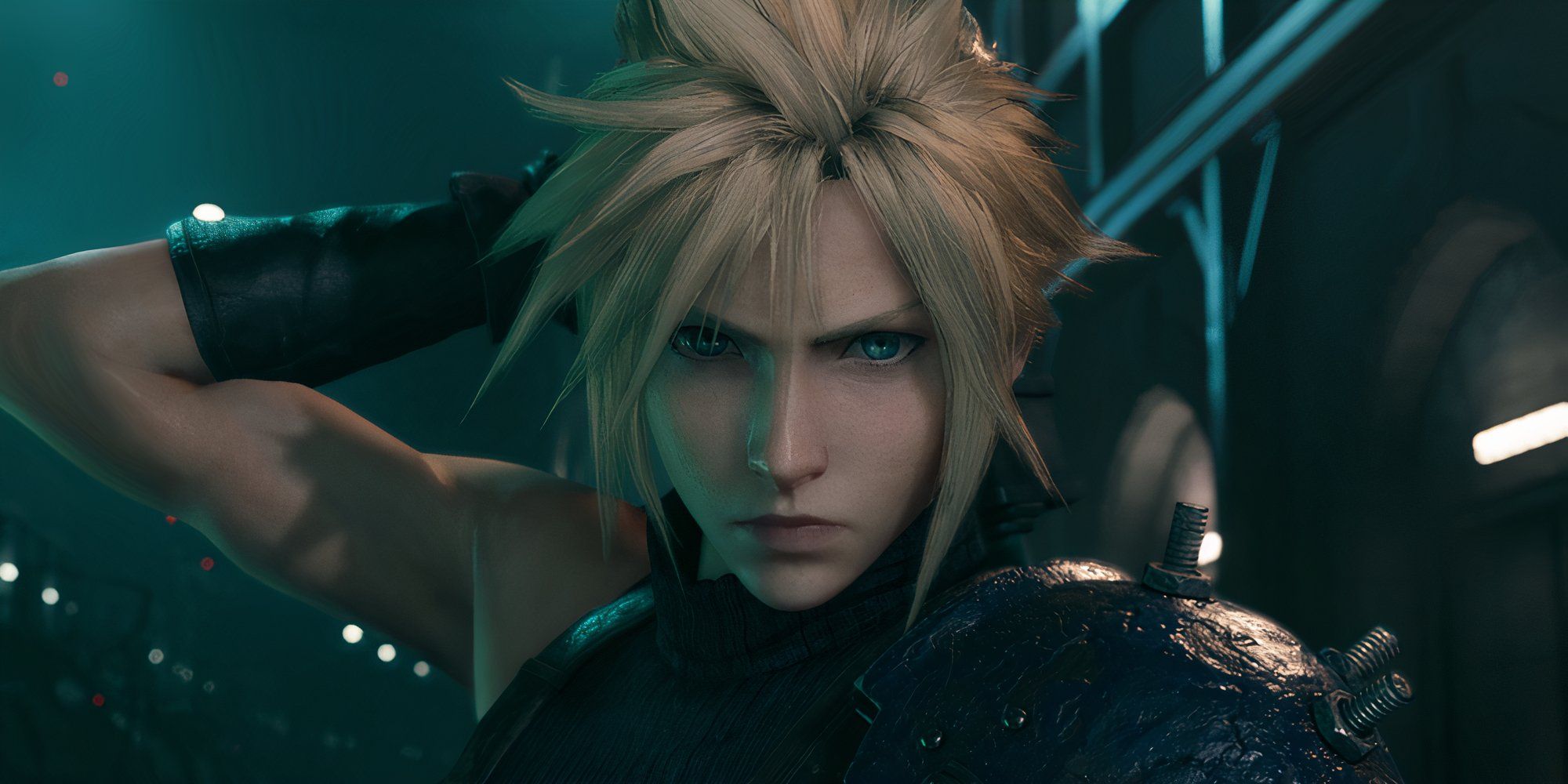 Cloud Strife reaching for his sword in the Final Fantasy 7 Remake.