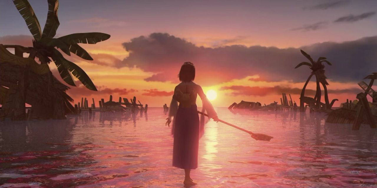 Yuna stands on the beach at sunset in Final Fantasy 10.