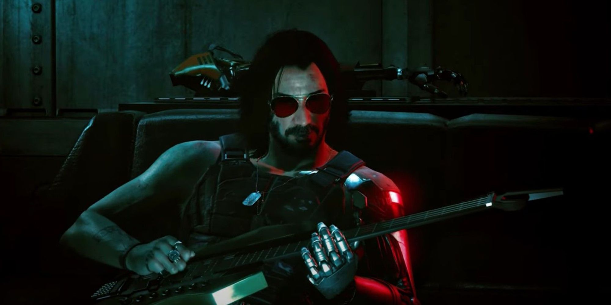 Cyberpunk 2077 screenshot of Johnny Silverhand strumming his guitar.