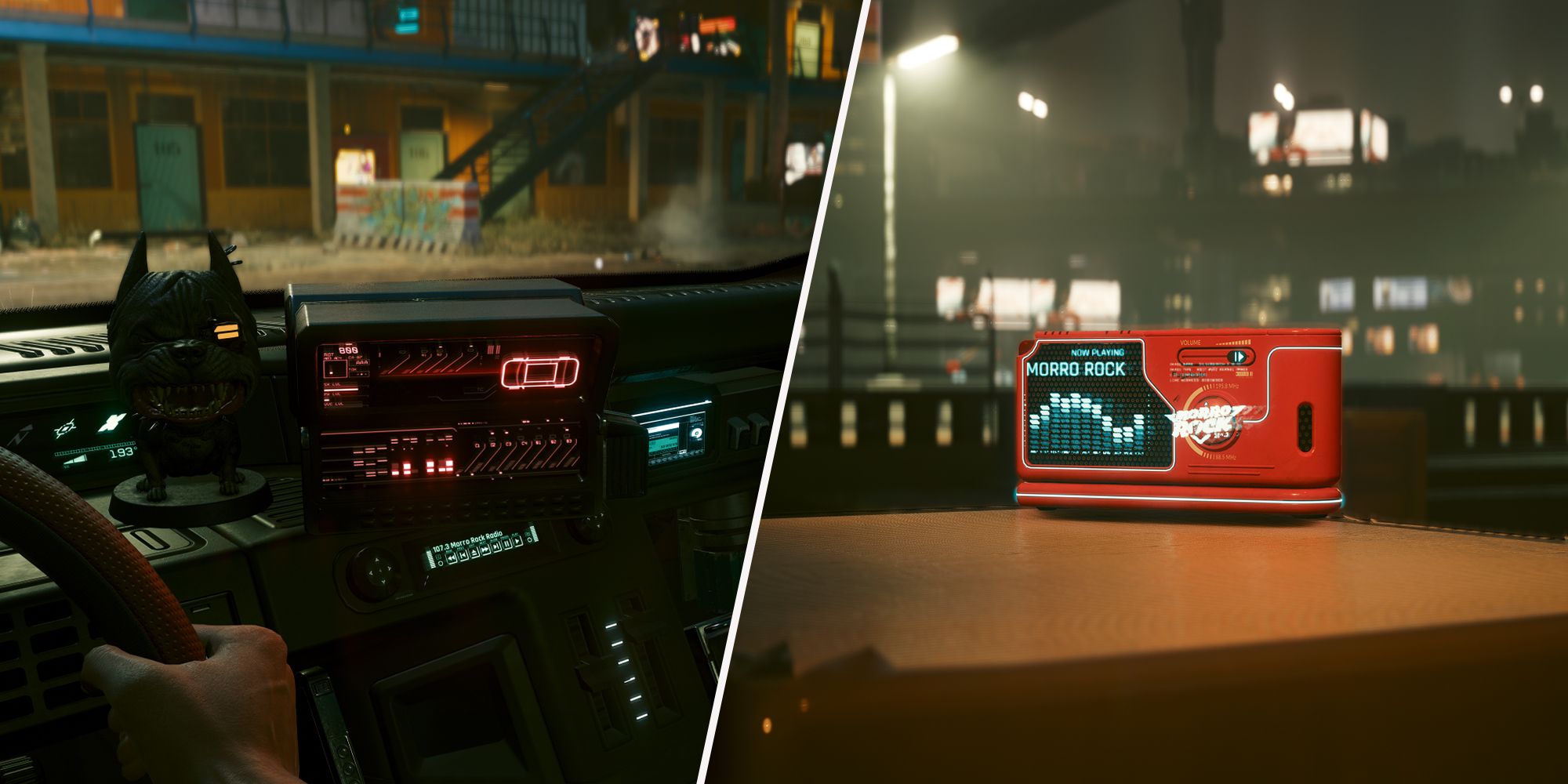 The interior of a car and a radio playing music in Cyberpunk 2077