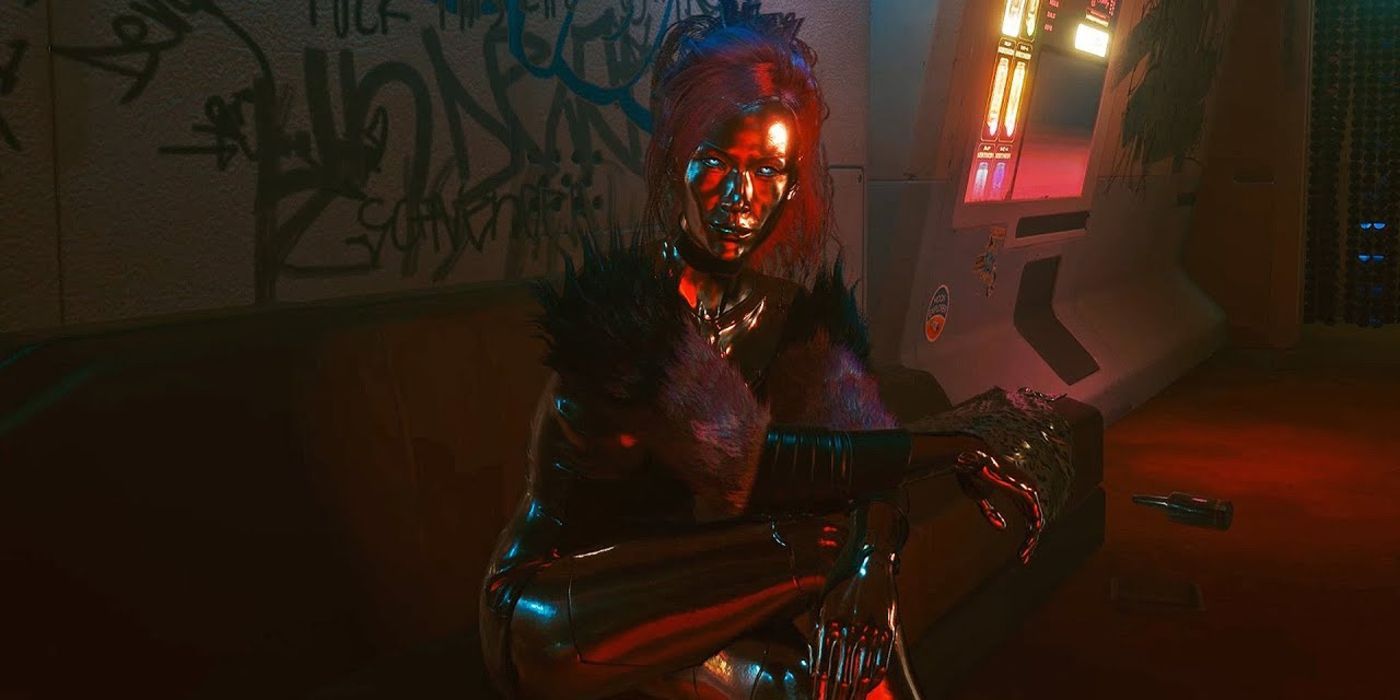 Cyberpunk 2077 screenshot of Lizzy Wizzy at the no-tell motel, looking into the camera.