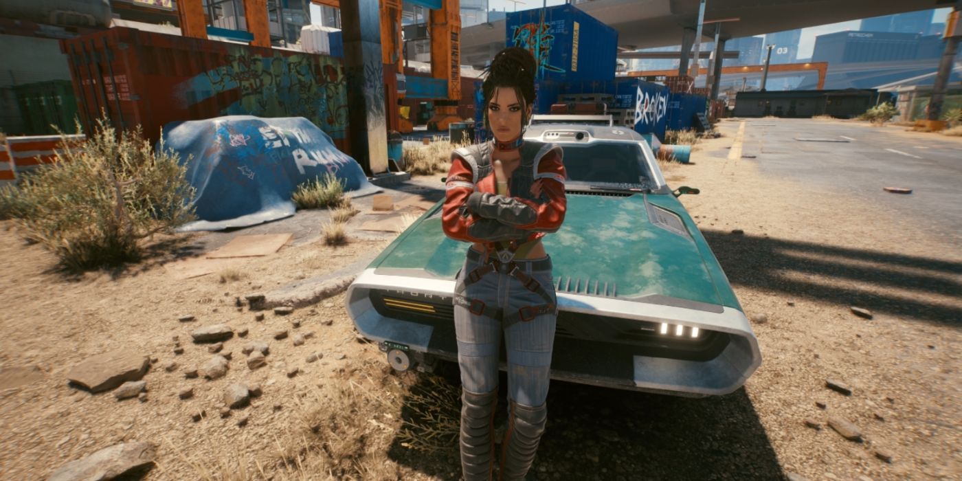 Cyberpunk 2077 screenshot of Panam leaning on her car.