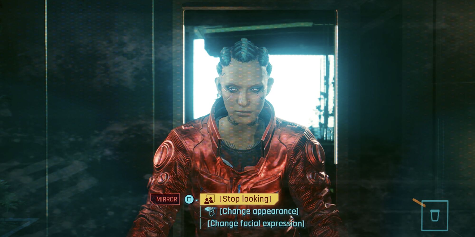 Cyberpunk 2077 screenshot of V looking into the mirror about to change their appearance.