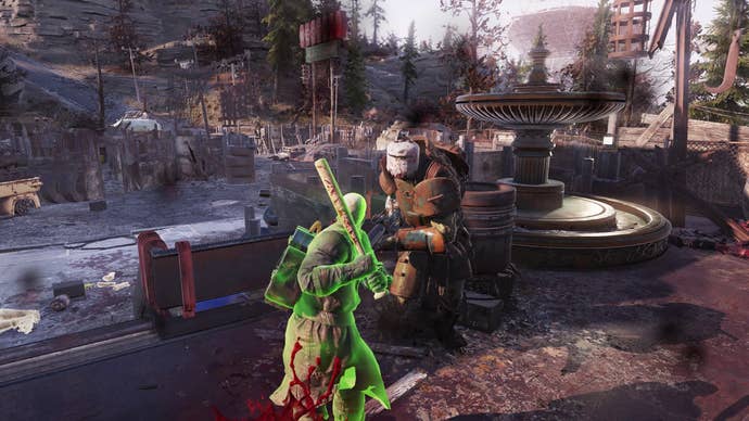 A player ghoul attacking a super mutant with a baseball bat in Fallout 76.