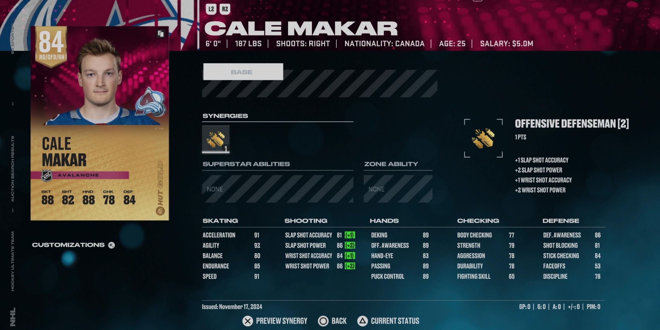 NHL 25 Cale Makar HUT Player Card