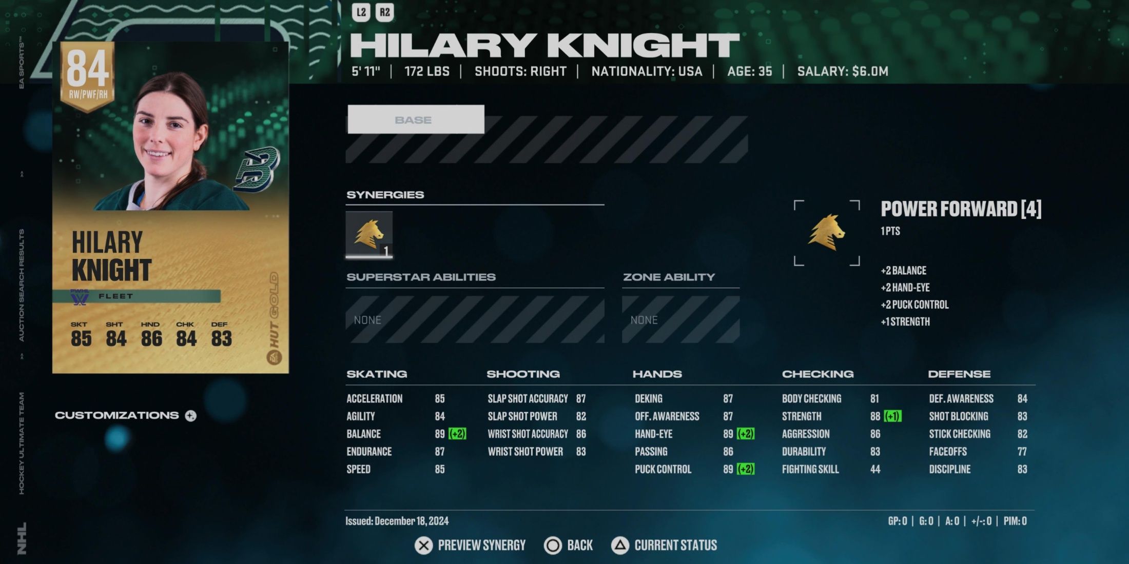 NHL 25 Hilary Knight HUT Player Card