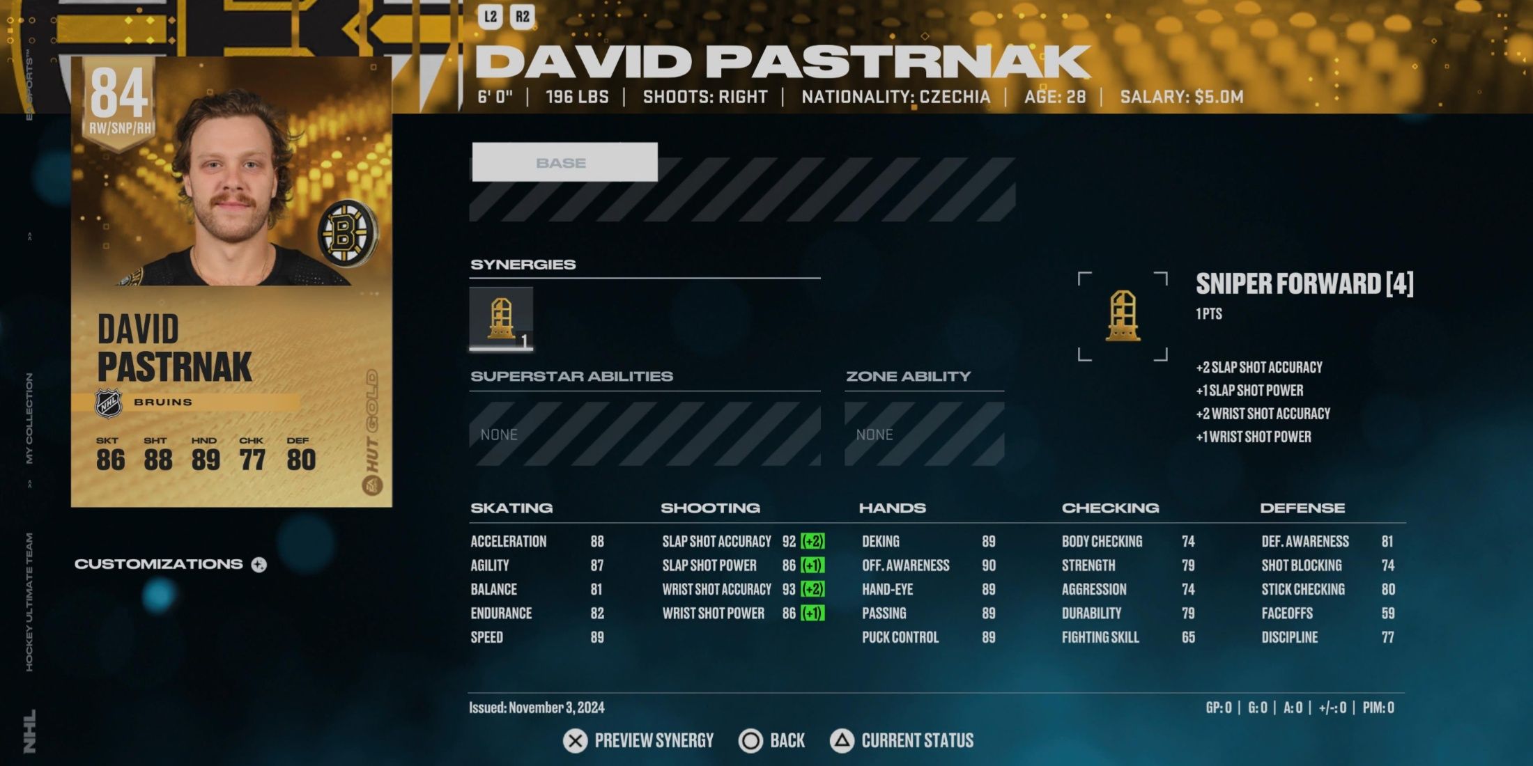 NHL 25 David Pastrnak HUT Player Card