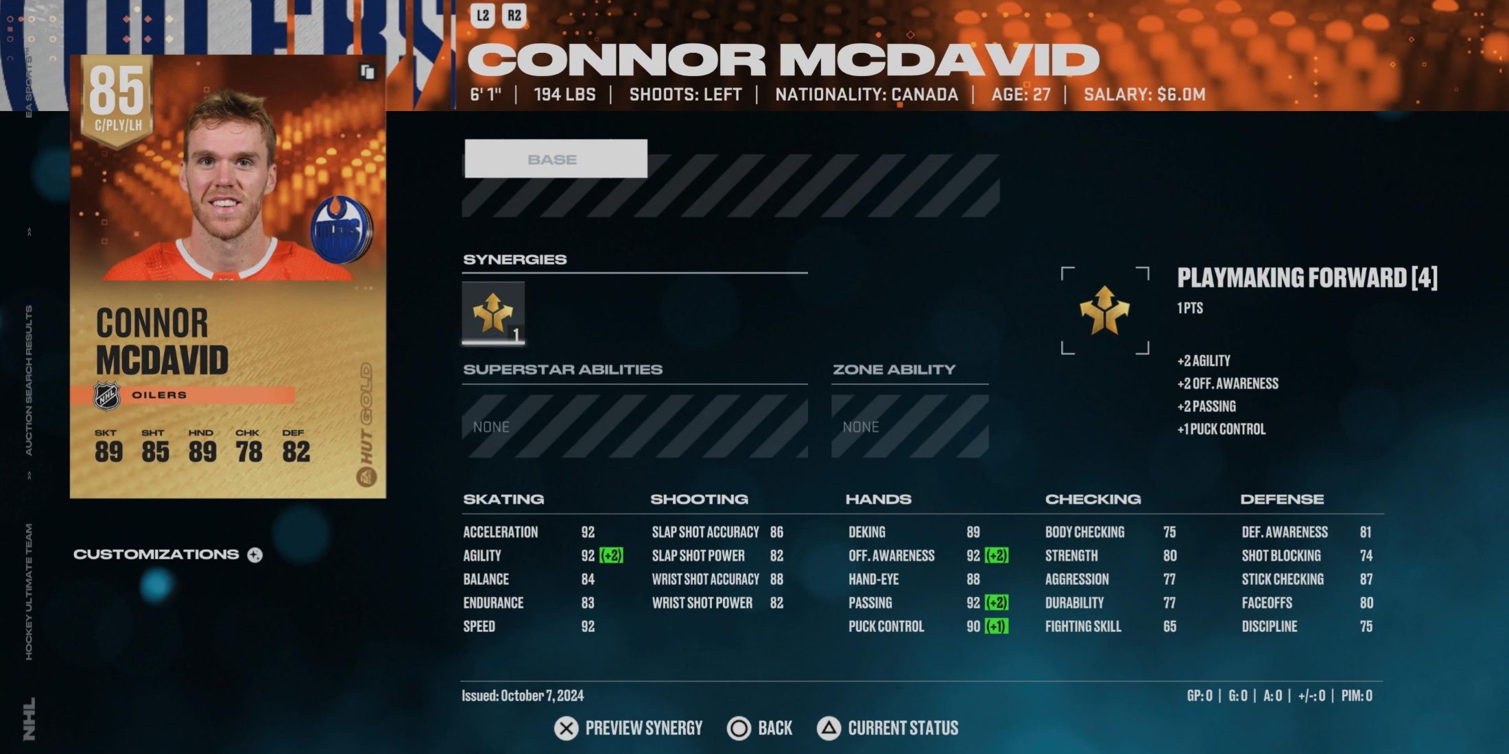 NHL 25 Connor McDavid HUT Player Card