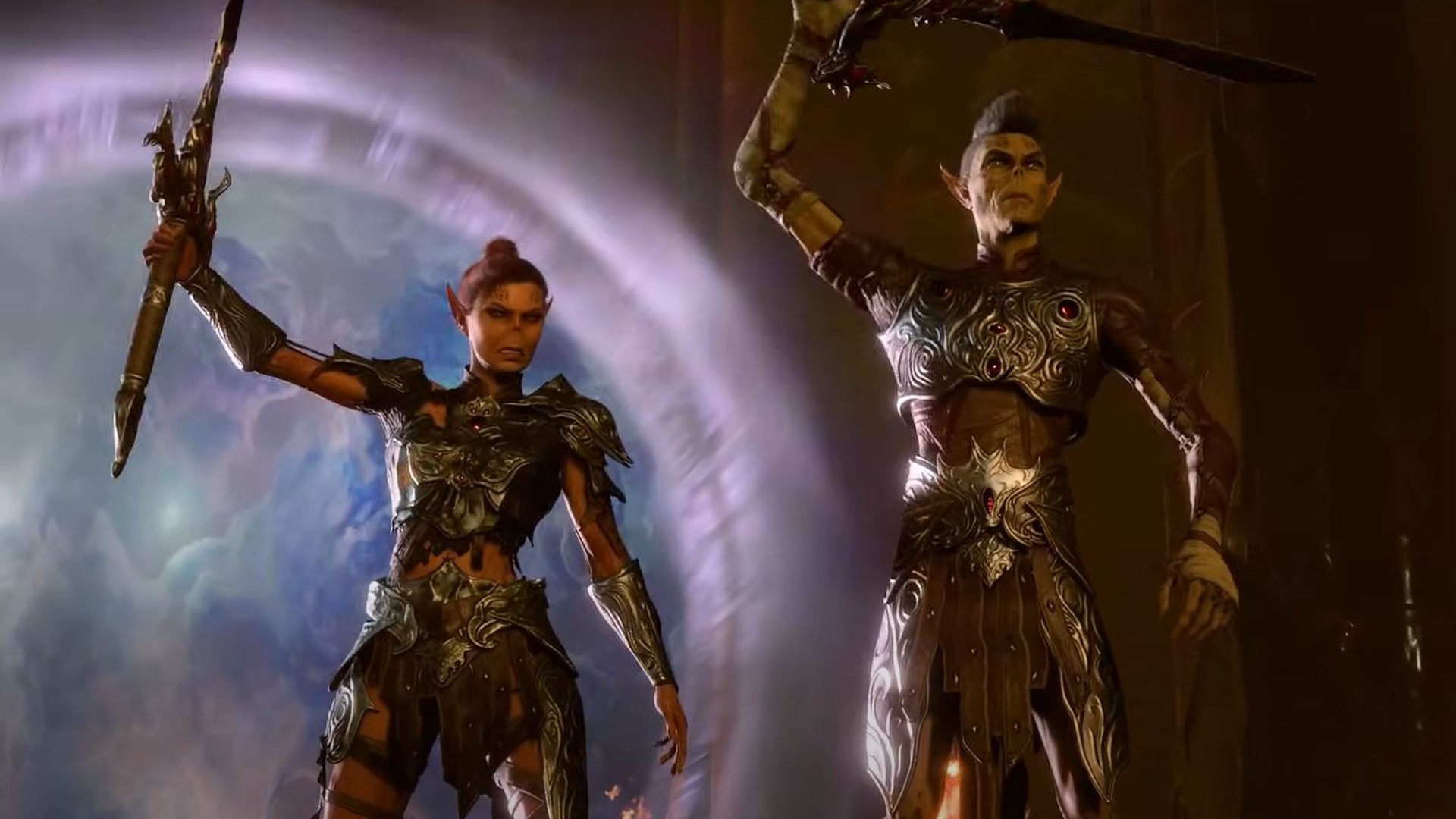 Laezel BG3 evil ending with two Githyanki raising their swords after exiting a portal in Vlaakith's domain