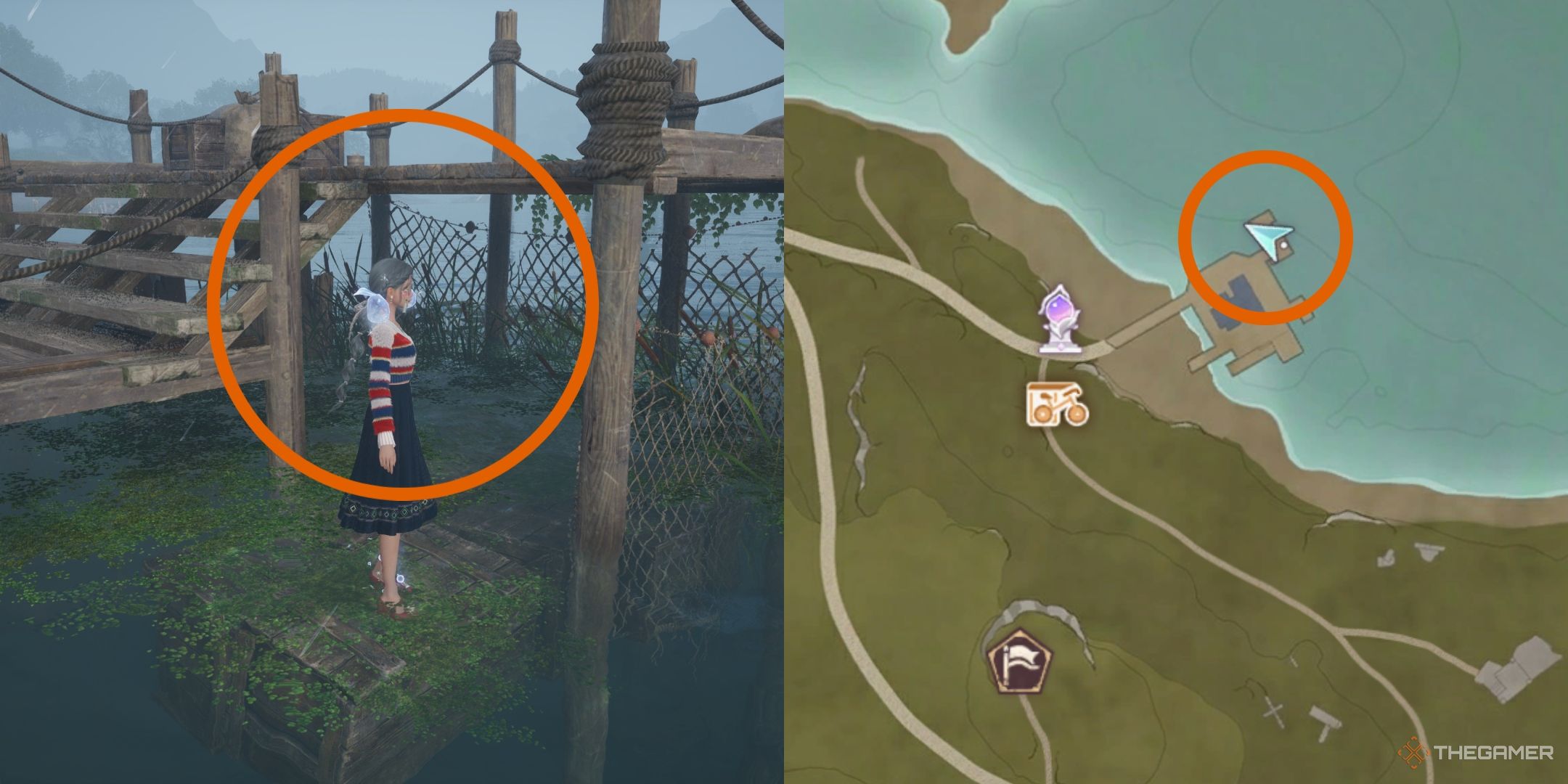 Nikki standing in water with an orange circle and a picture of the map in Infinity Nikki