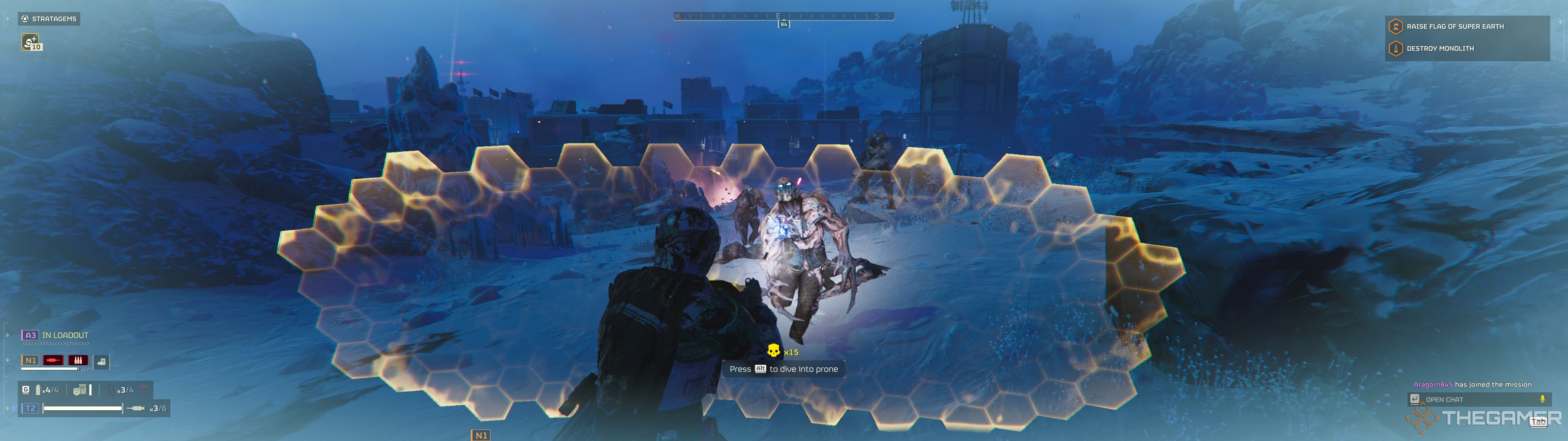 A photo of a Helldivers 2 player using the Directional Shield.