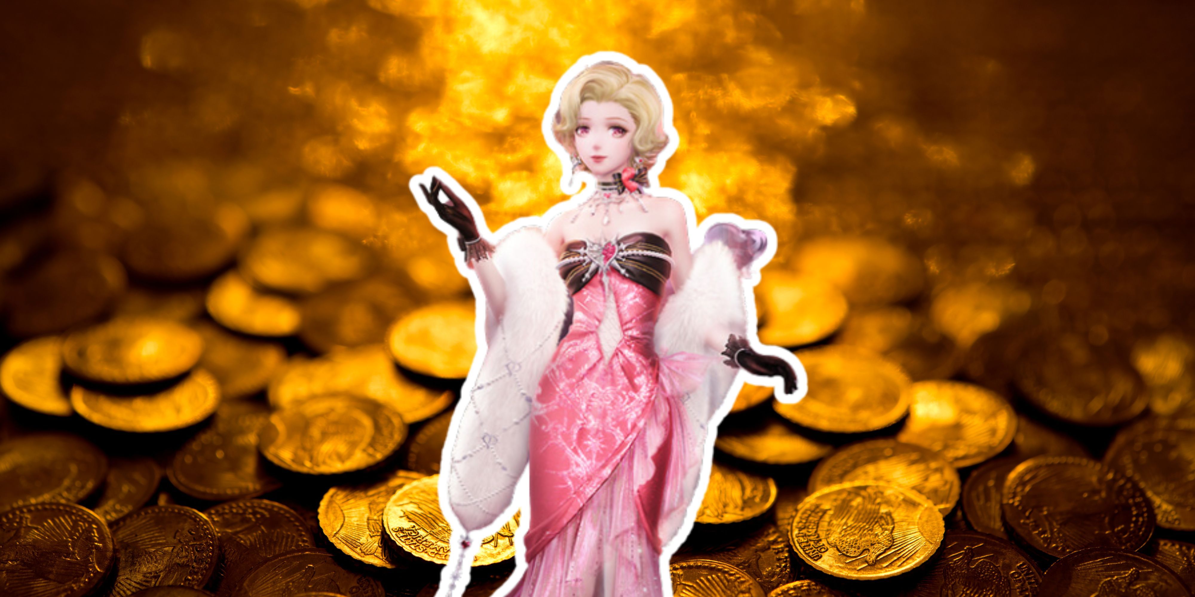 Dreamy Glimmer from Infinity Nikki in front of gold coins