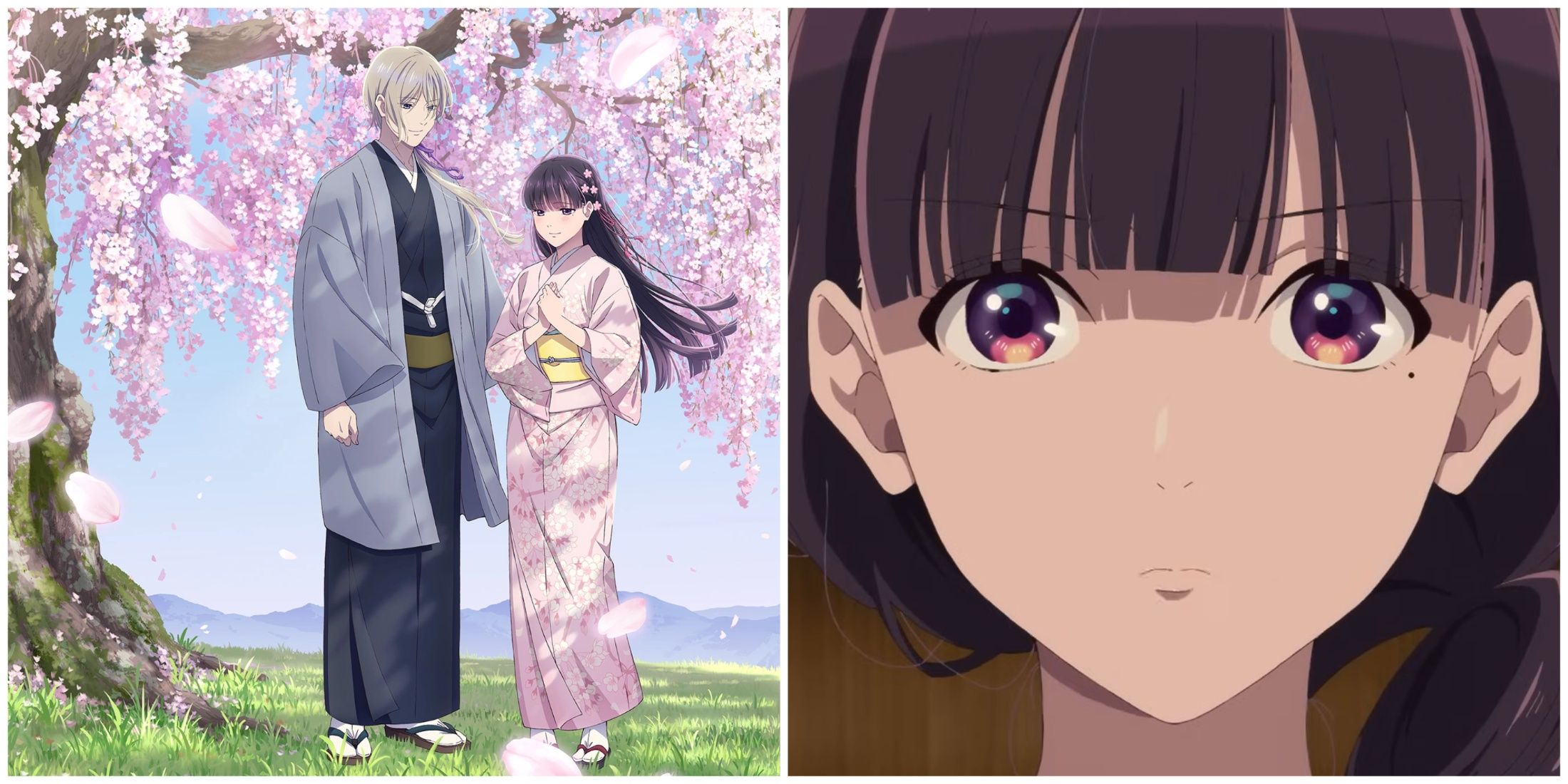 Split image of Kiyoka and Miyo in a visual and Miyo in the preview for season 2 of My Happy Marriage