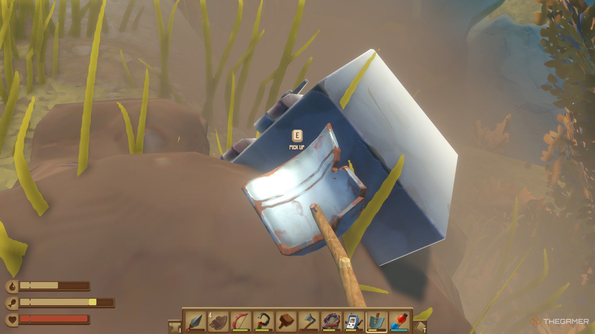 A player in Raft digs out a buried cache of titanium using a metal detector and shovel. 