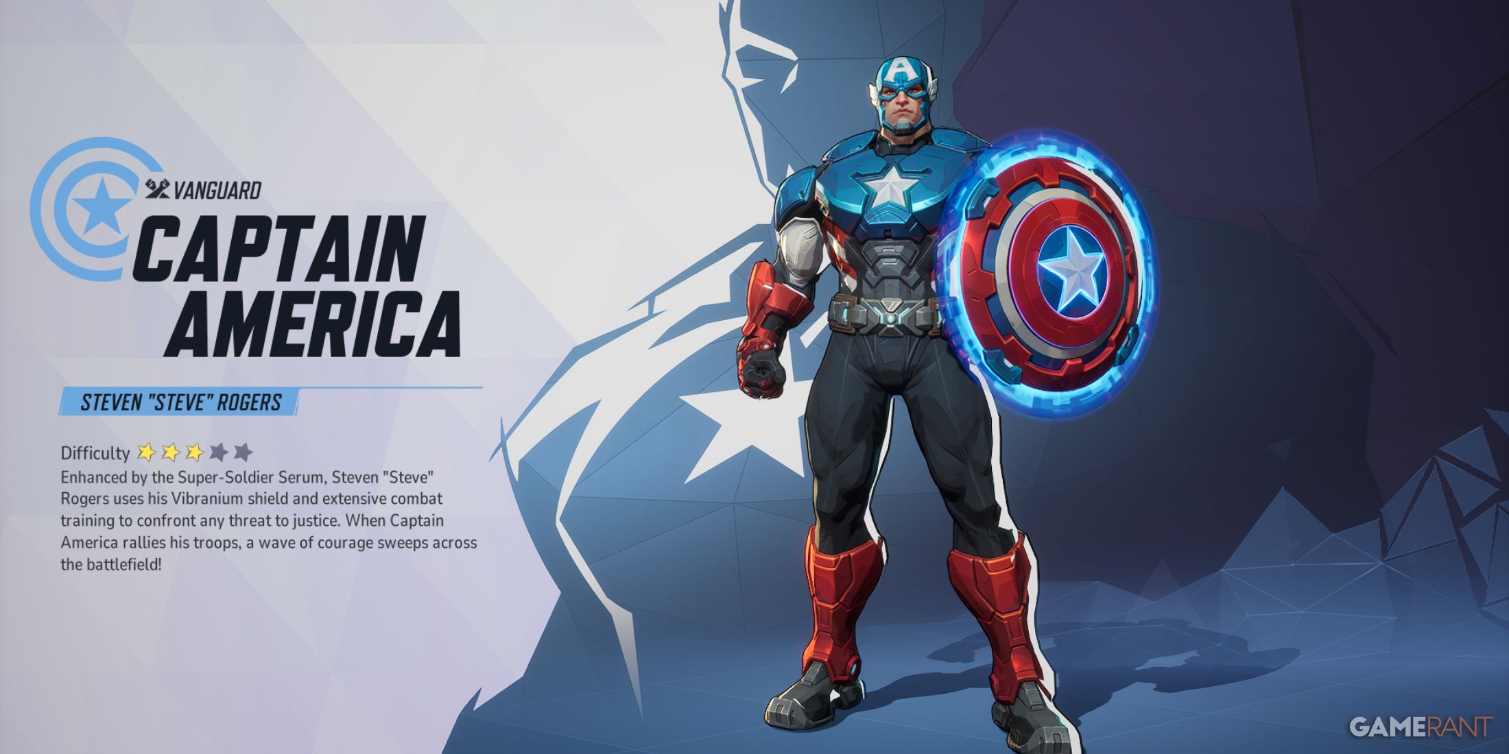 Captain America in Marvel Rivals with description of abilities and difficulty rating