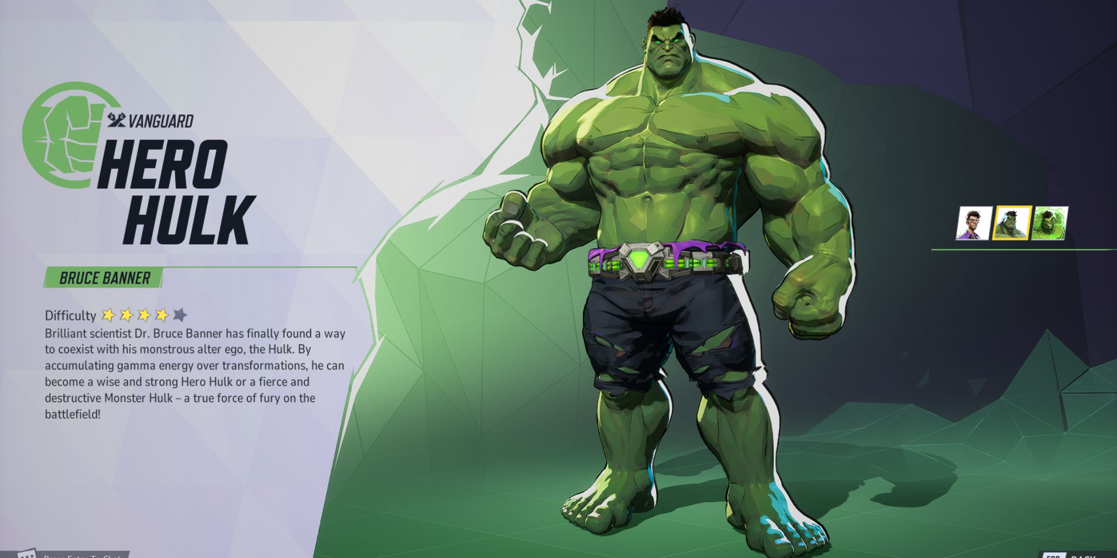 Hero Hulk in Marvel Rivals with description of abilities and difficulty rating