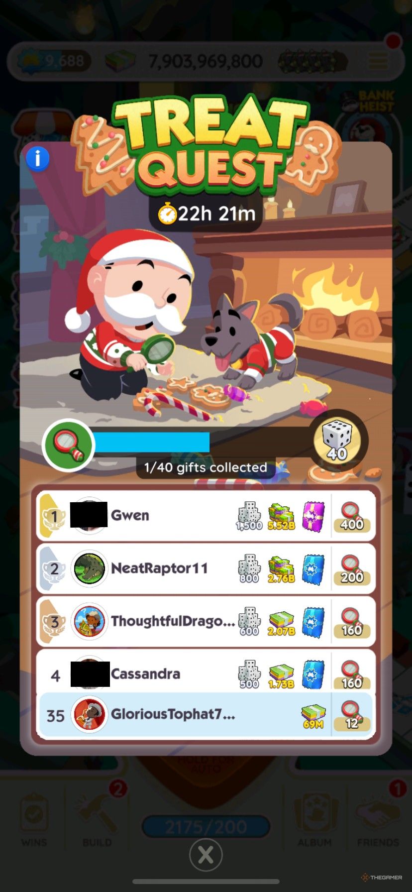 The top of a leaderboard for Treat Quest in Monopoly Go.