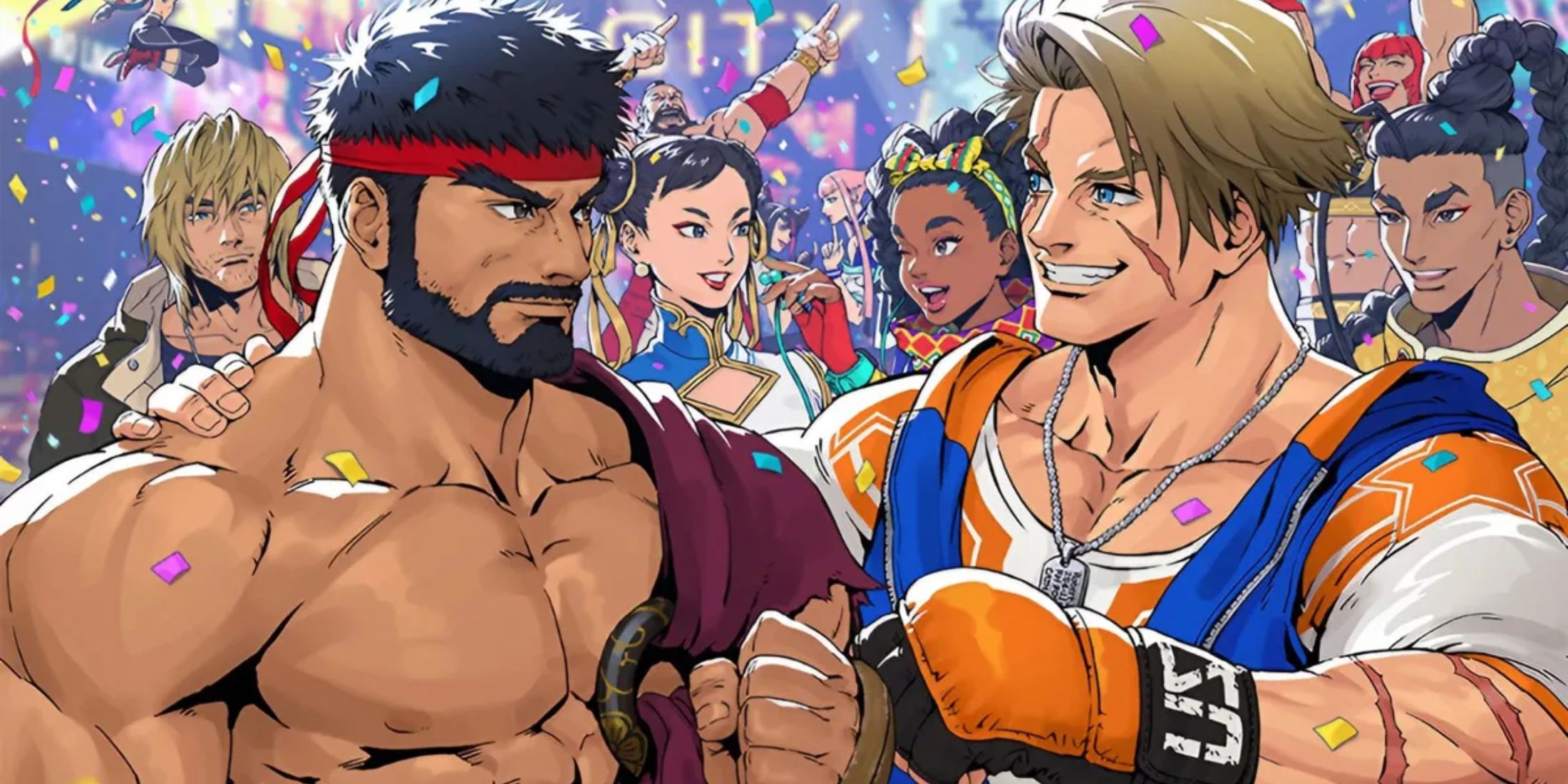 Official Street Fighter 6 promotional art celebrating the success of the game. Left to right: Ken, Ryu, Chun-Li, Zangief, Juri, Manon, Kimberly, Luke, Marisa, Jamie