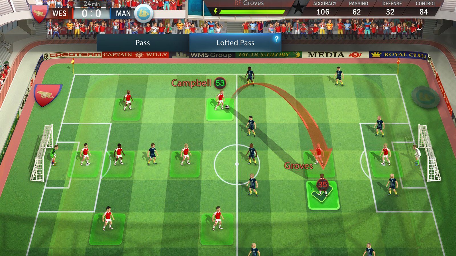 Choosing players to pass the ball to on the soccer pitch in Football, Tactics & Glory.