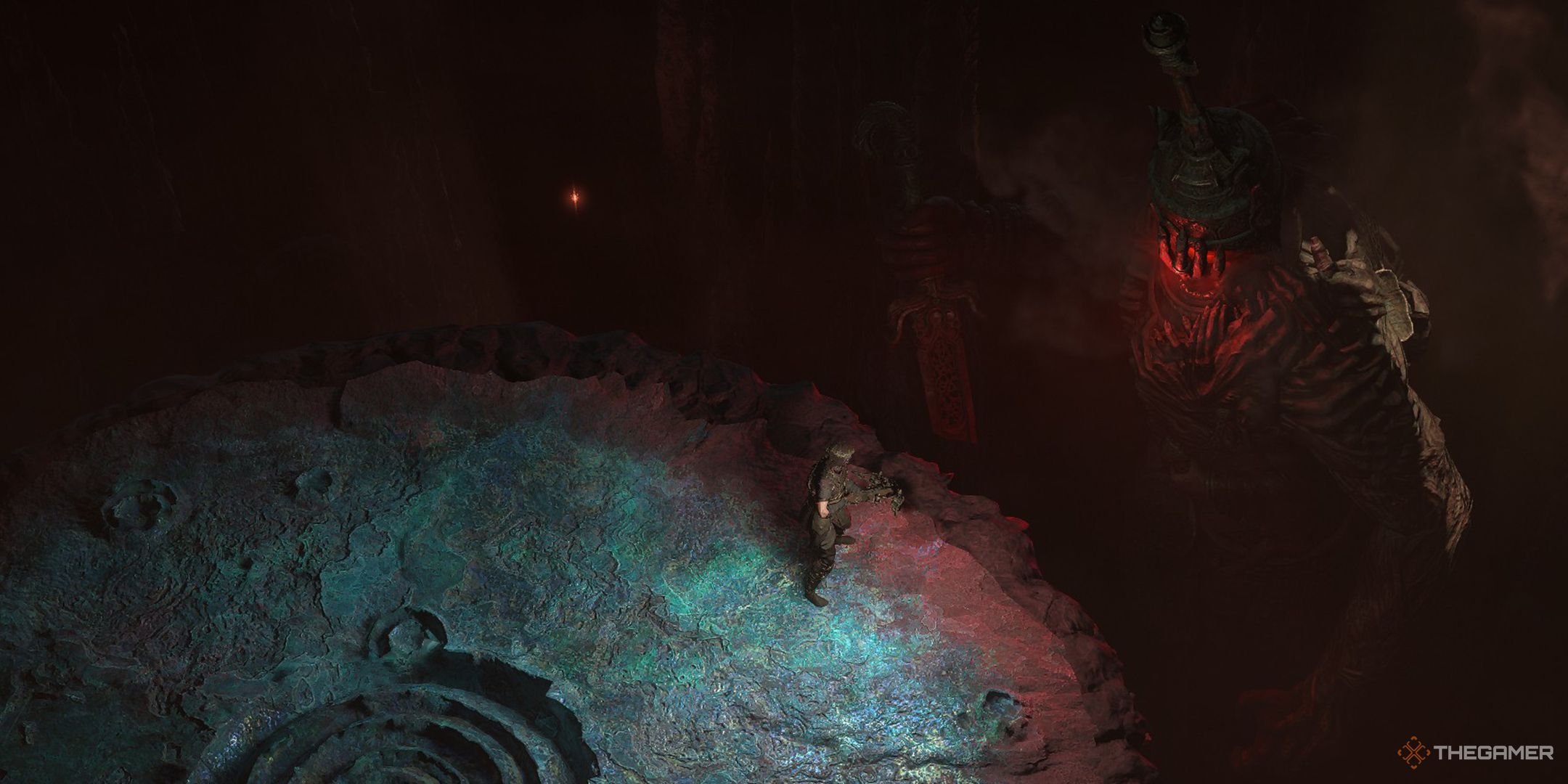 The player approaching Zalmarath, the Colossus before the boss fight.