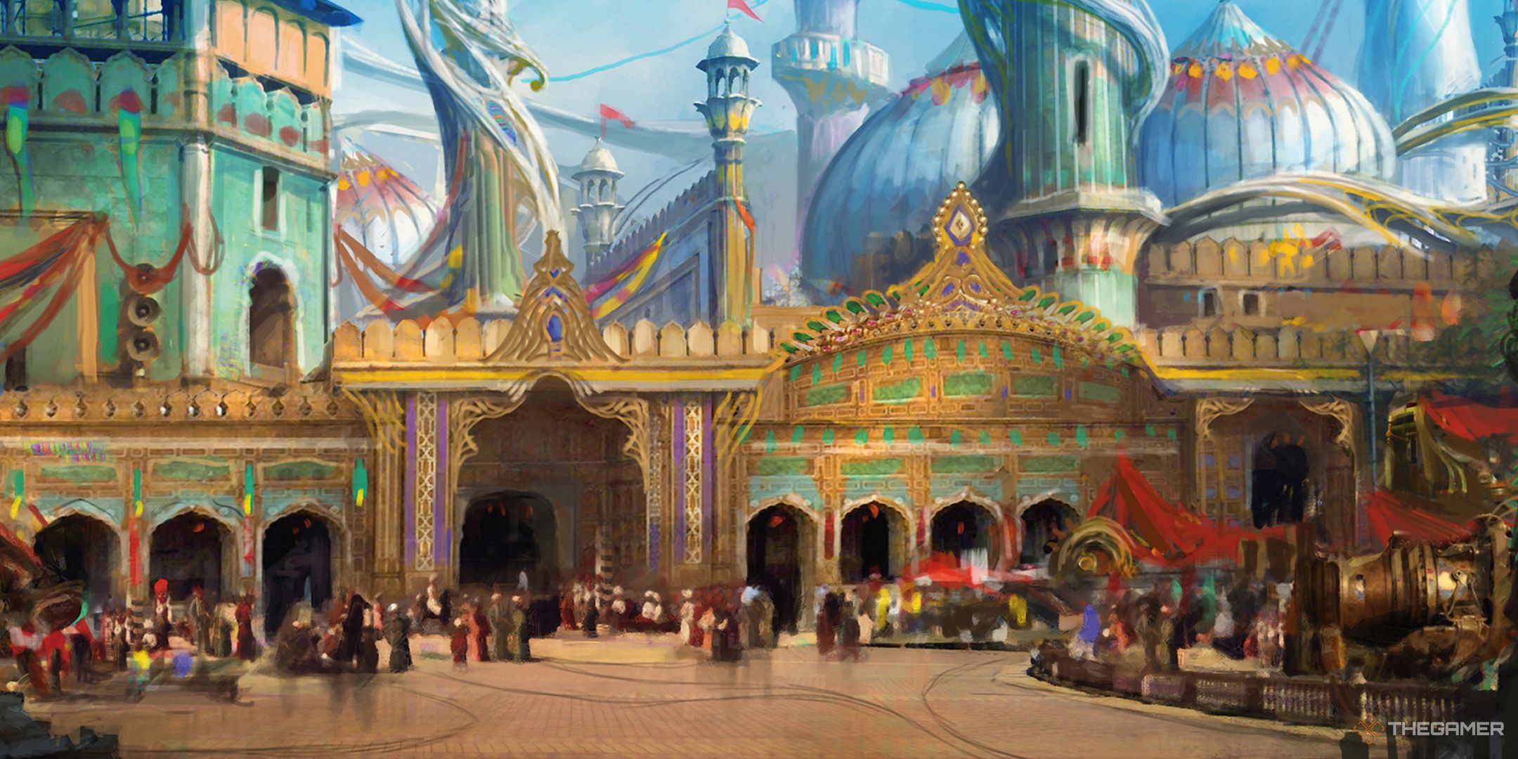 Inventor's Fair by Jonas De Ro, showing a busy, Indian-styled fair.