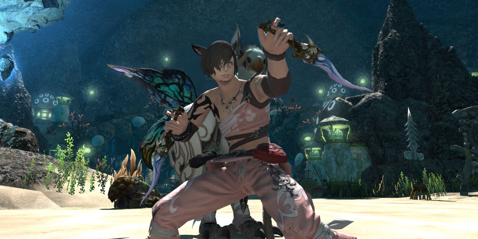 Final Fantasy 14 Rogue Ninja with cat ears holding daggers in fighter stance.