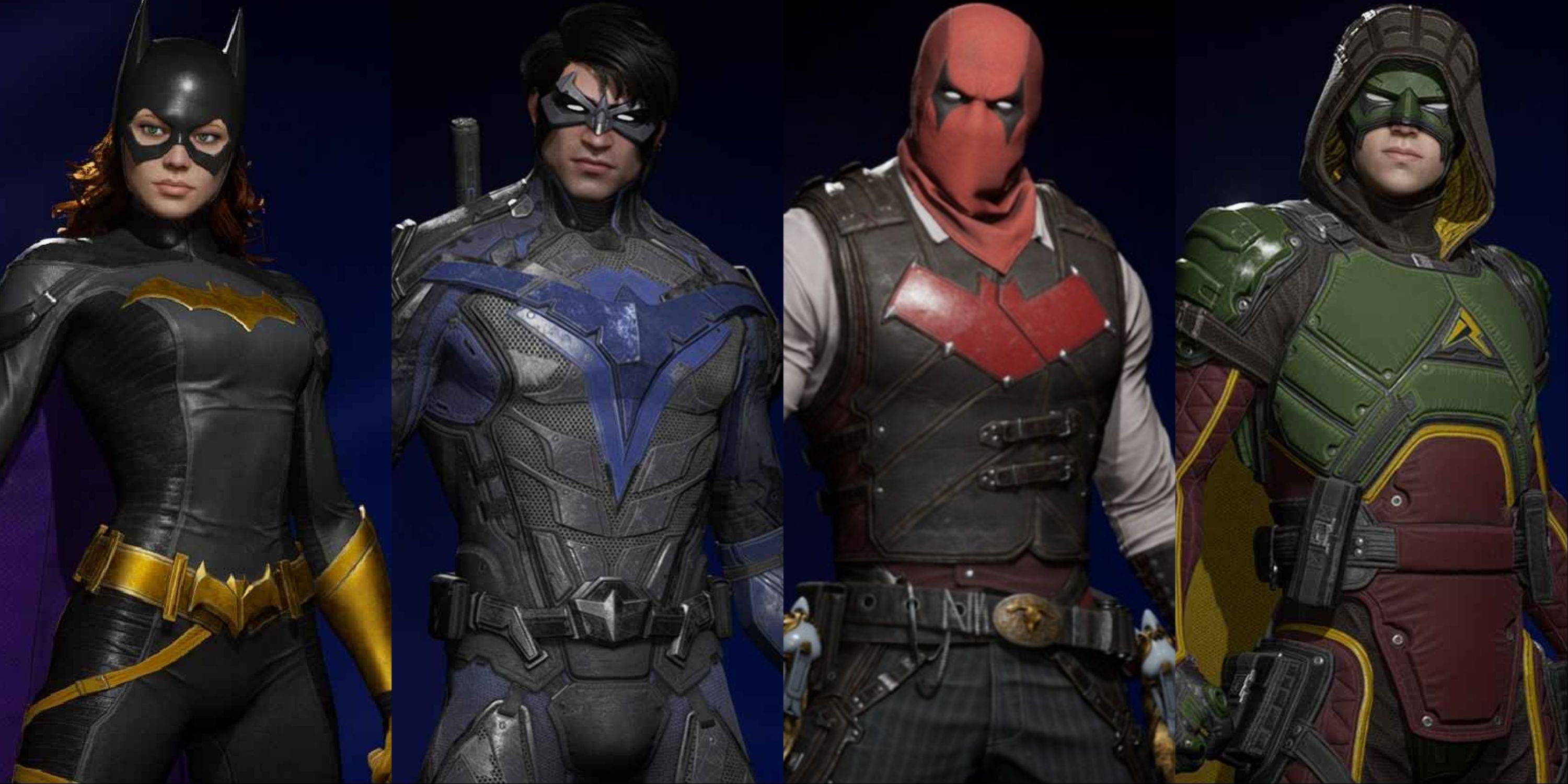 Split image of Batgirl, Knightwing, Red Hood, and Robin in Gotham Knights