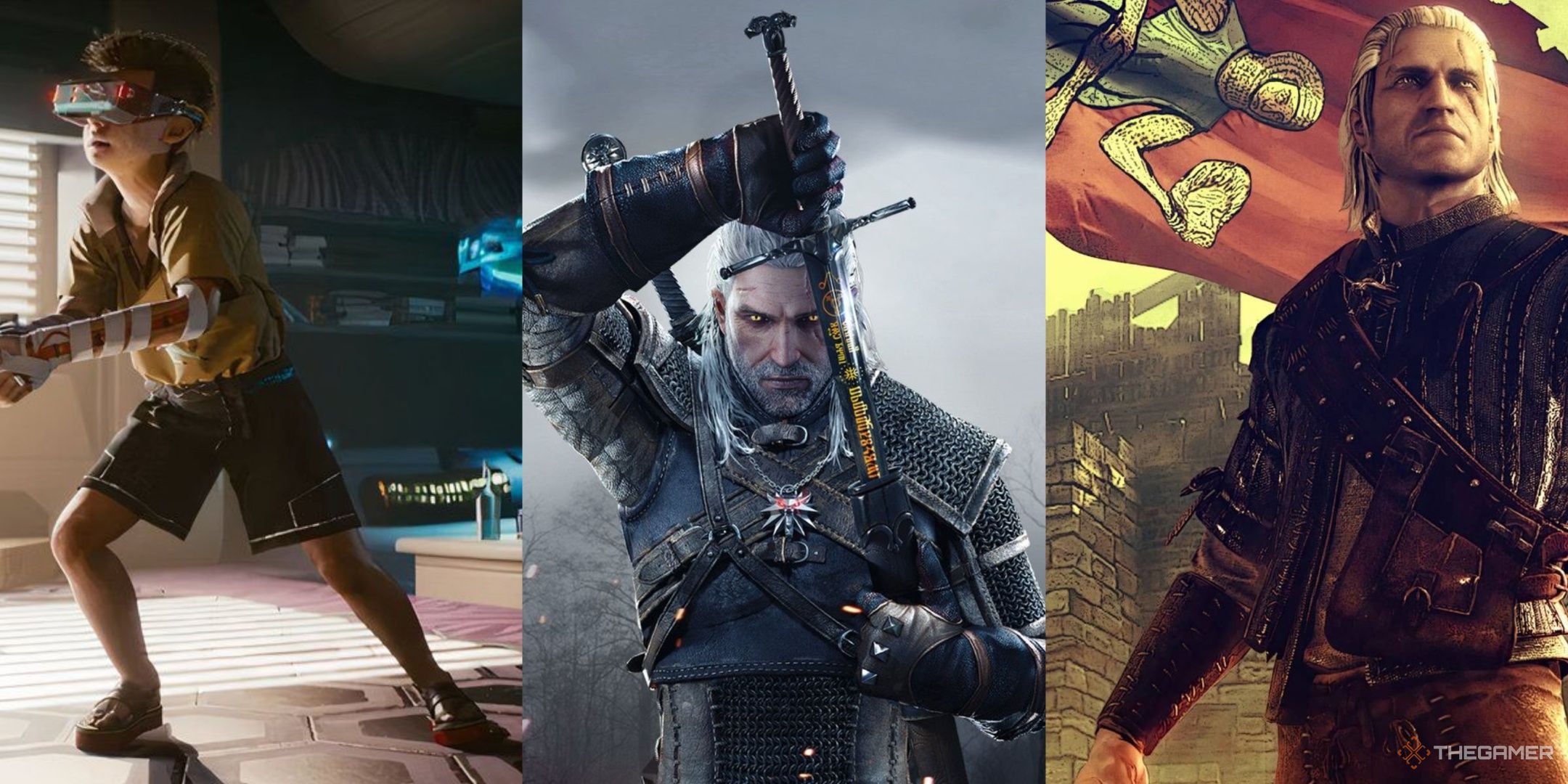 A child in cyberpunk 2077 wearing a vr headset, geralt unsheathing his sword in witcher 2, and geralt by a flag in the witcher 2, left to right.