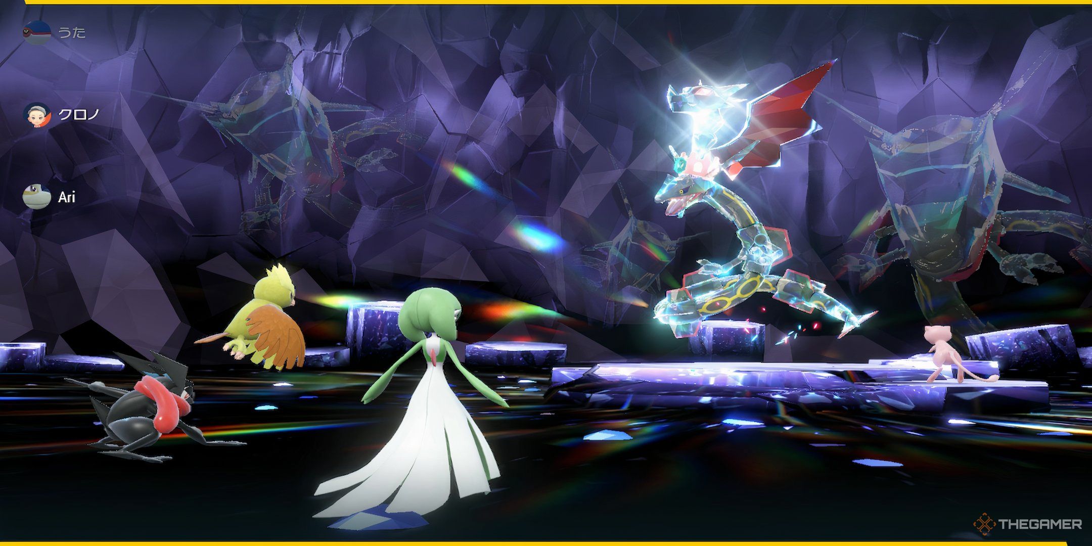 Gardevoir, Noctowl, Mew, and Greninja are sent out against Shiny Rayquaza in Pokemon Scarlet & Violet.