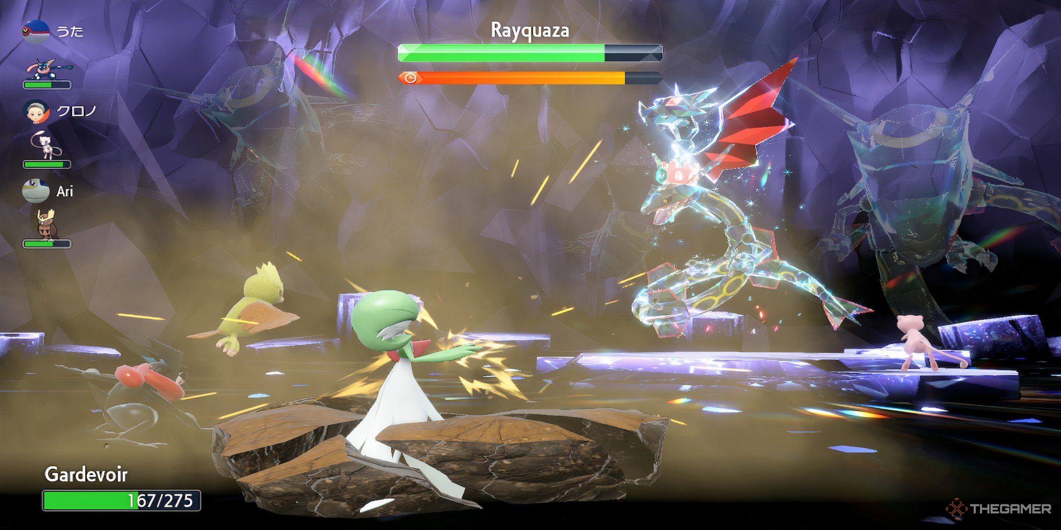 Shiny Rayquaza uses Earthquake on Gardevoir in Pokemon Scarlet & Violet.