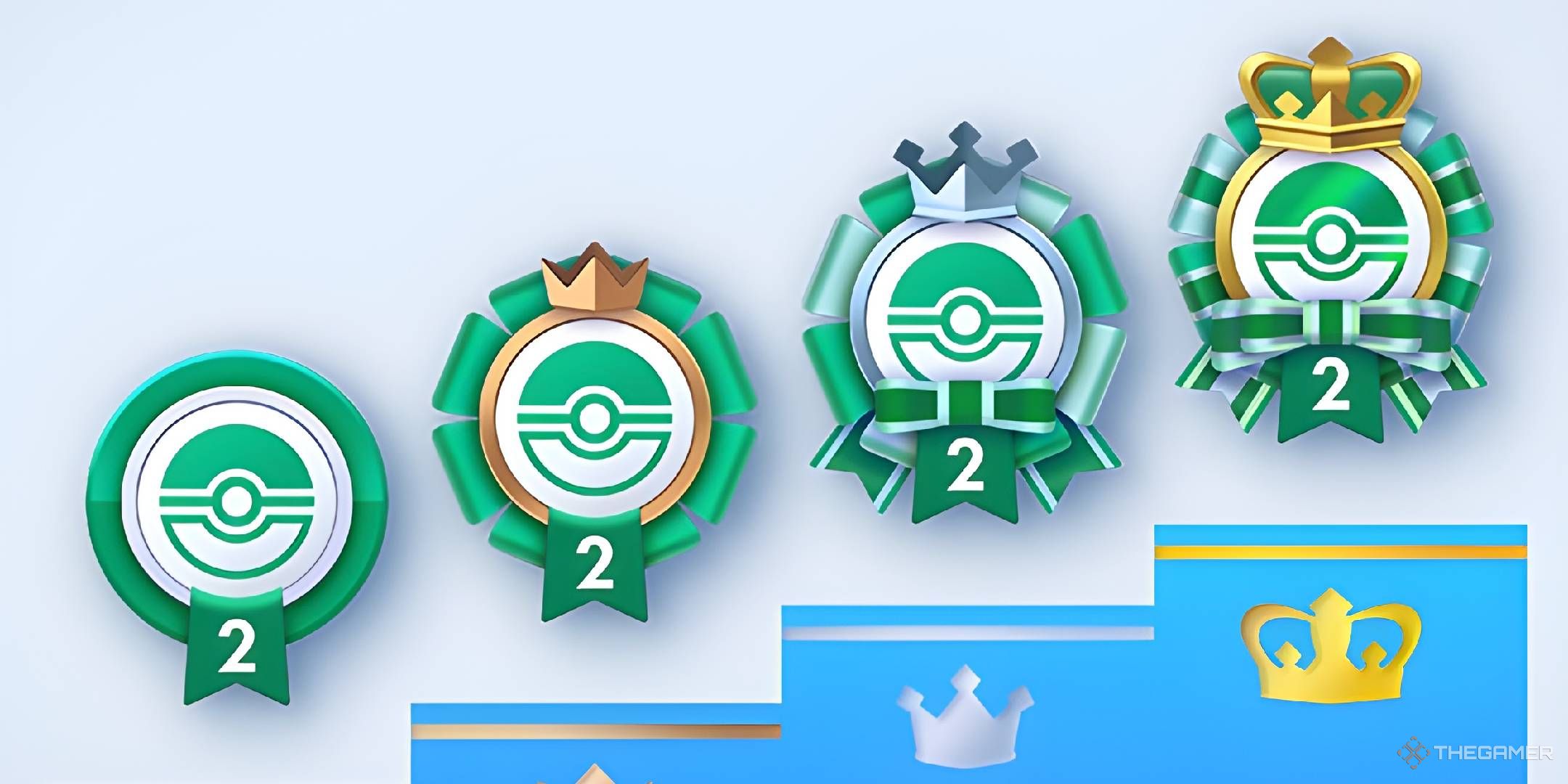 A podium showing the four levels of Mythical Island emblems, from Participation on the left to Gold on the right.