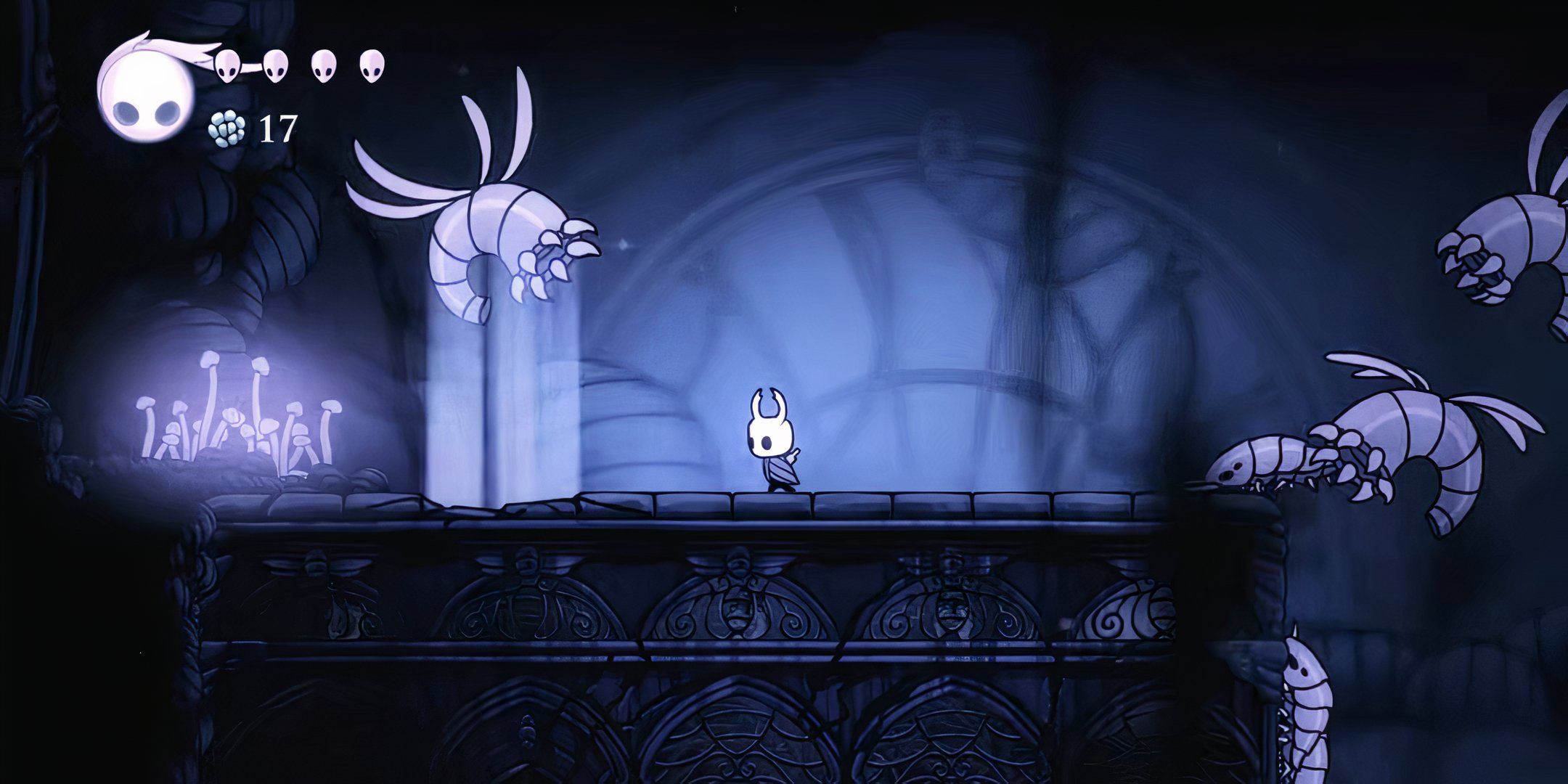 Screenshot of the Knight fighting off Carver Hatchers in Hollow Knight.