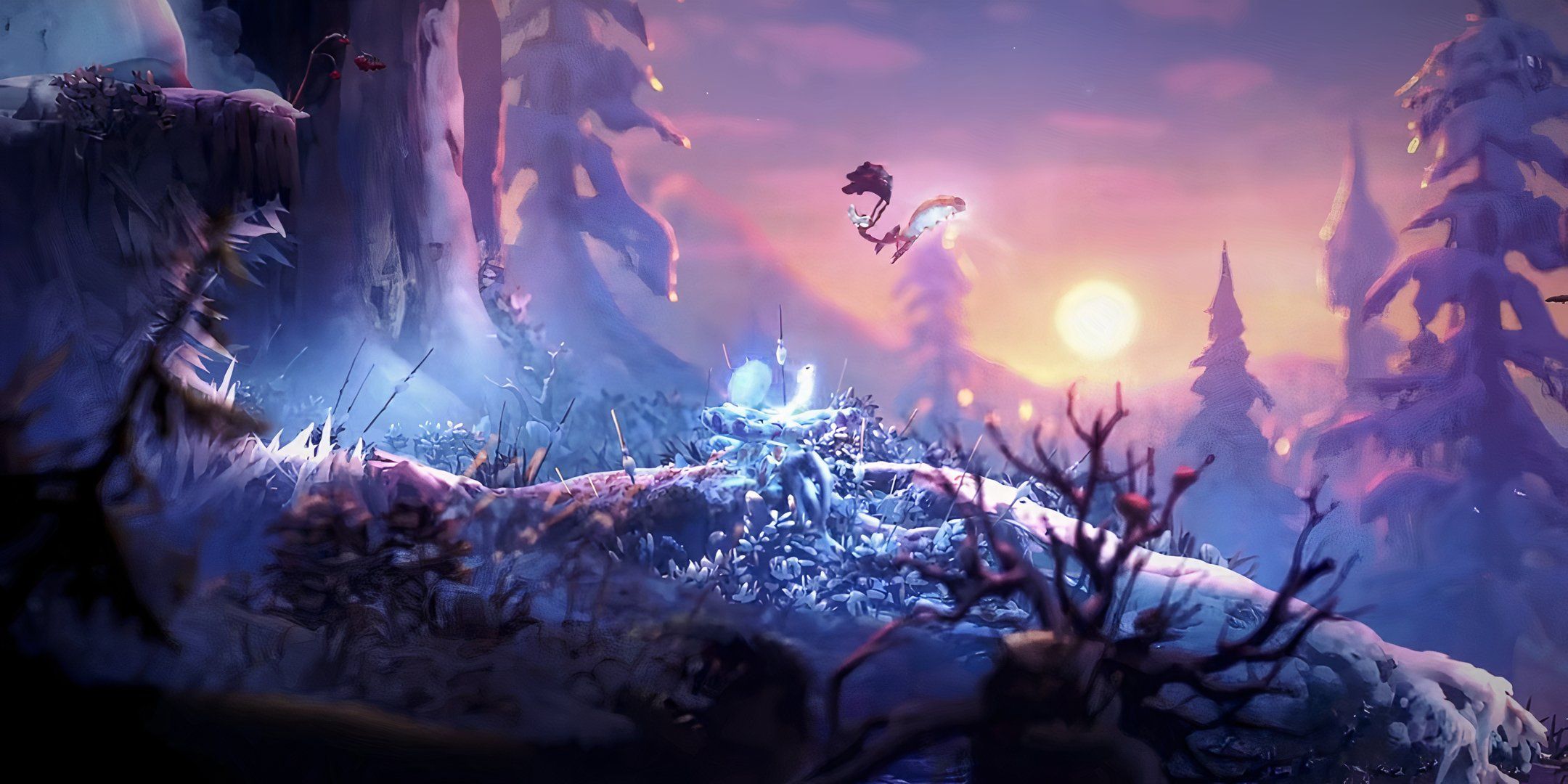 Screenshot of Ori fighting a Red Mantis in Ori and the Will of the Wisps.