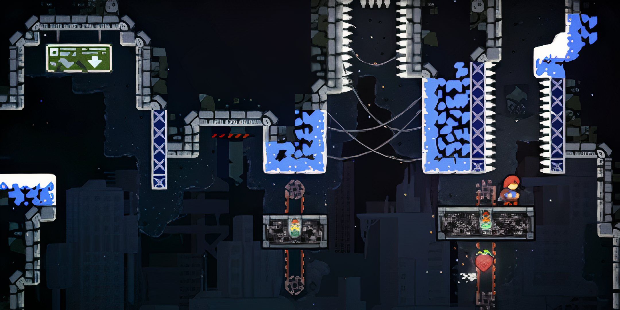 Screenshot of Madeline running through the Forsaken City in Celeste.