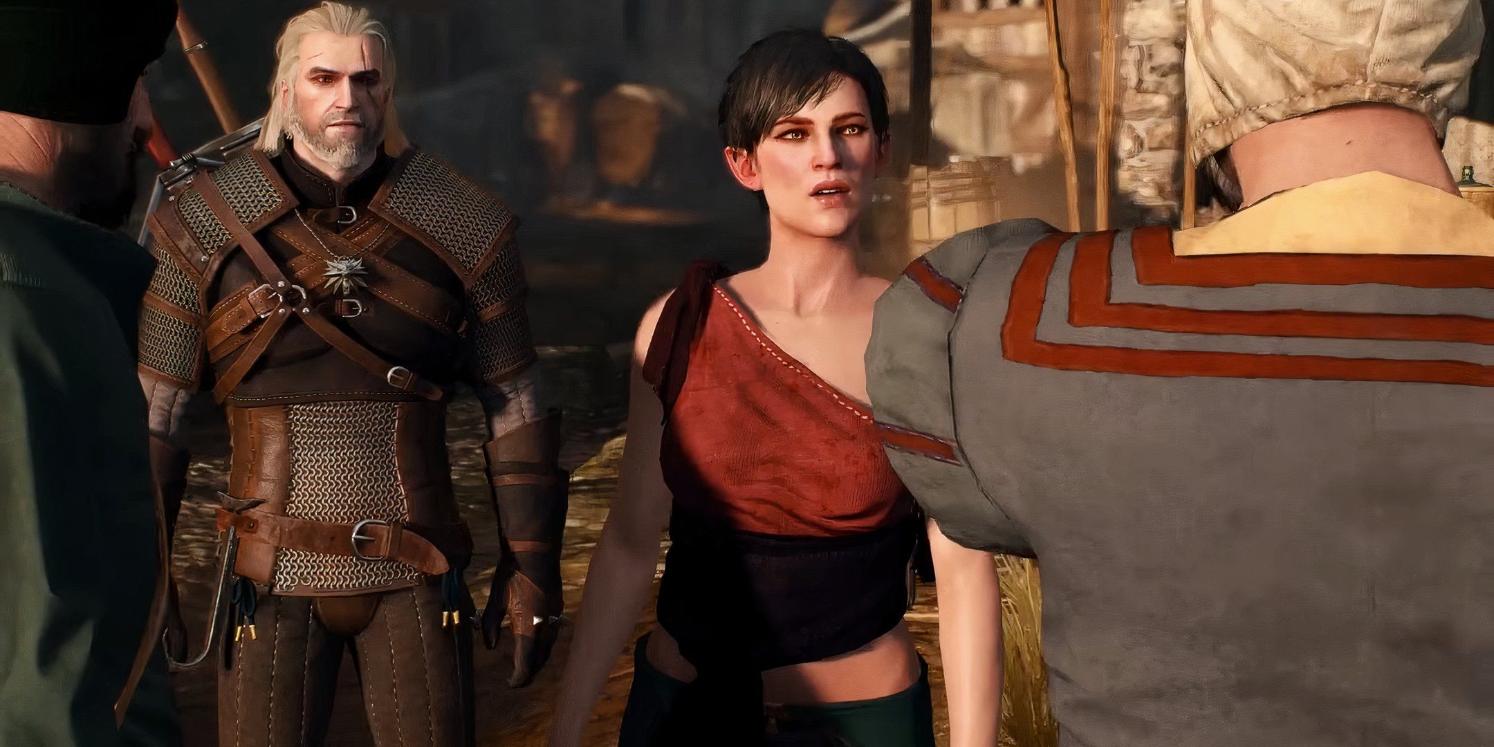 Screenshot of Geralt with Francesca Findabair in the market in The Witcher 3 Wild Hunt.