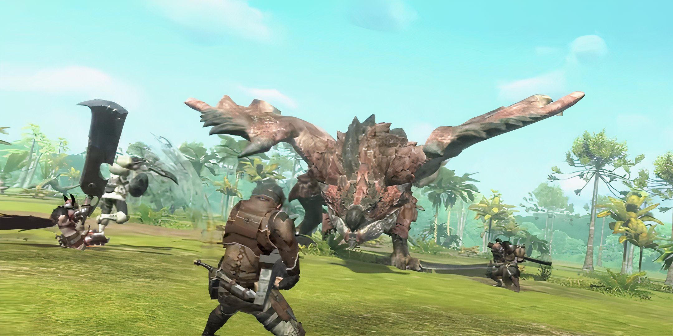 Three warriors fighting a dragon in Monster Hunter Now