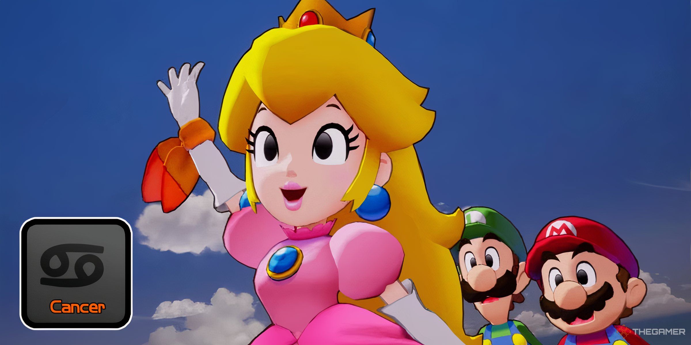 Princess Peach Waving With Mario And Luigi In The Back In Mario & Luigi: Brothership, With The Cancer Star Sign.