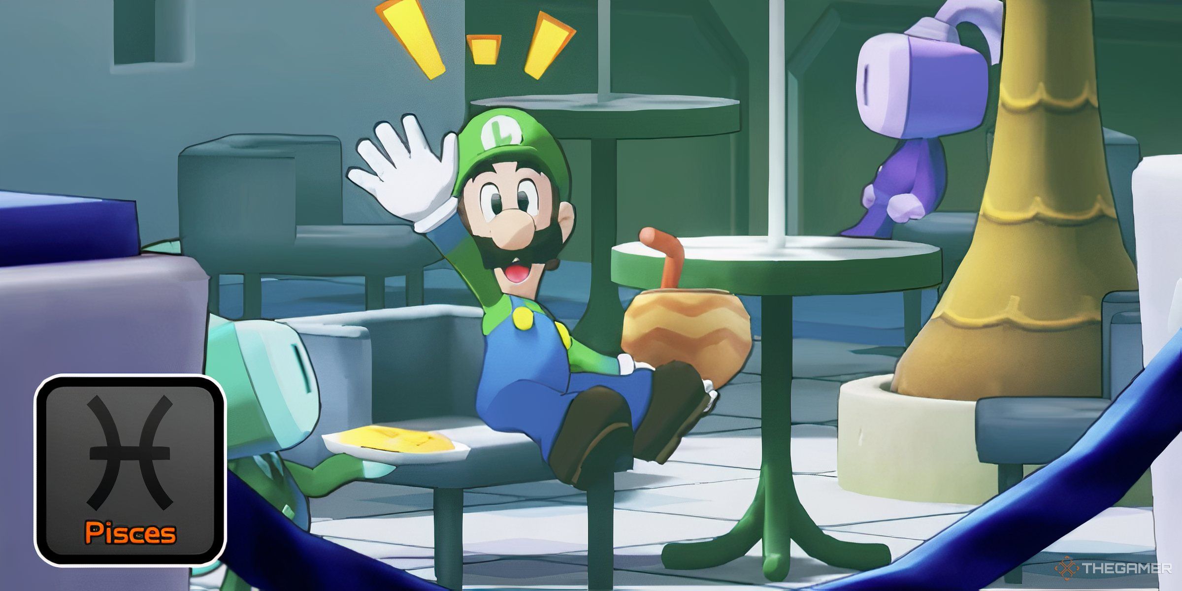 Luigi Relaxing With A Drink In Mario & Luigi: Brothership, With The Pisces Star Sign.